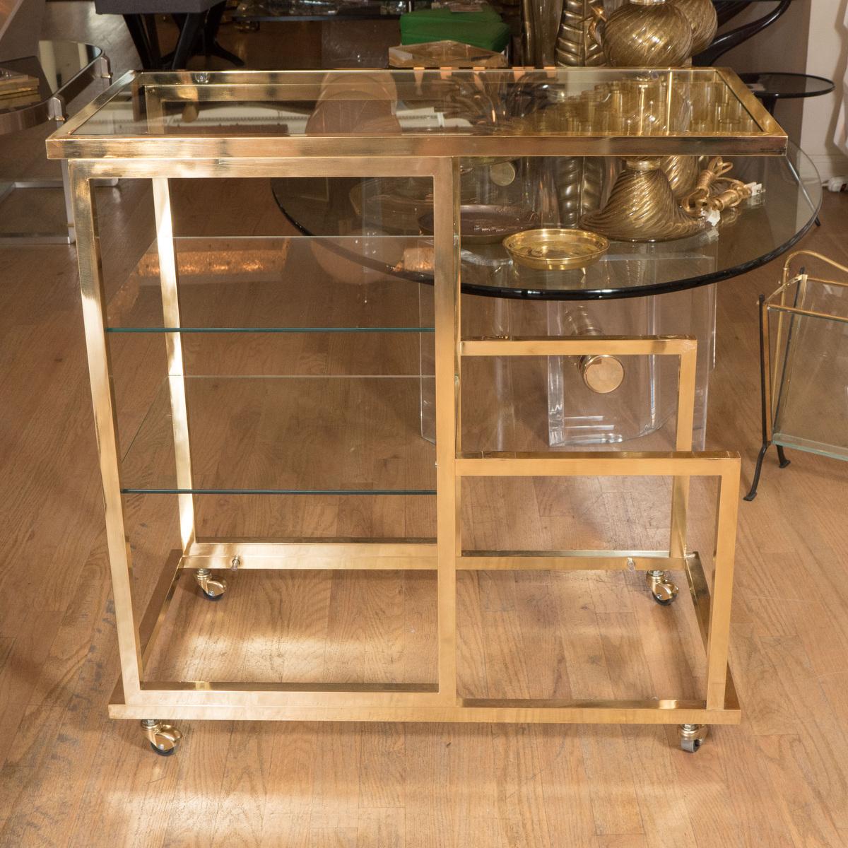 French Brass and glass multi leveled rolling cart For Sale