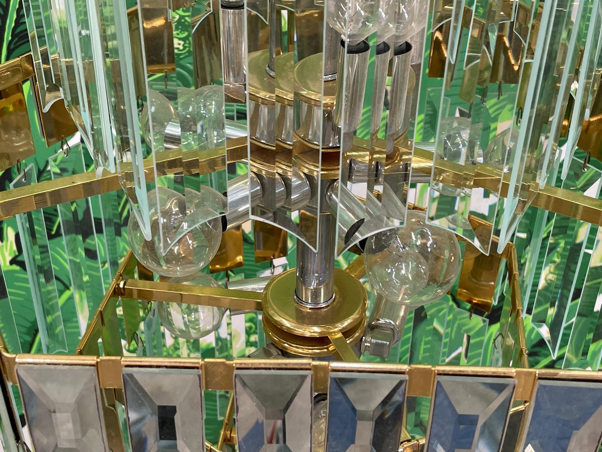 Brass and Glass Multi-Tiered Chandelier For Sale 1