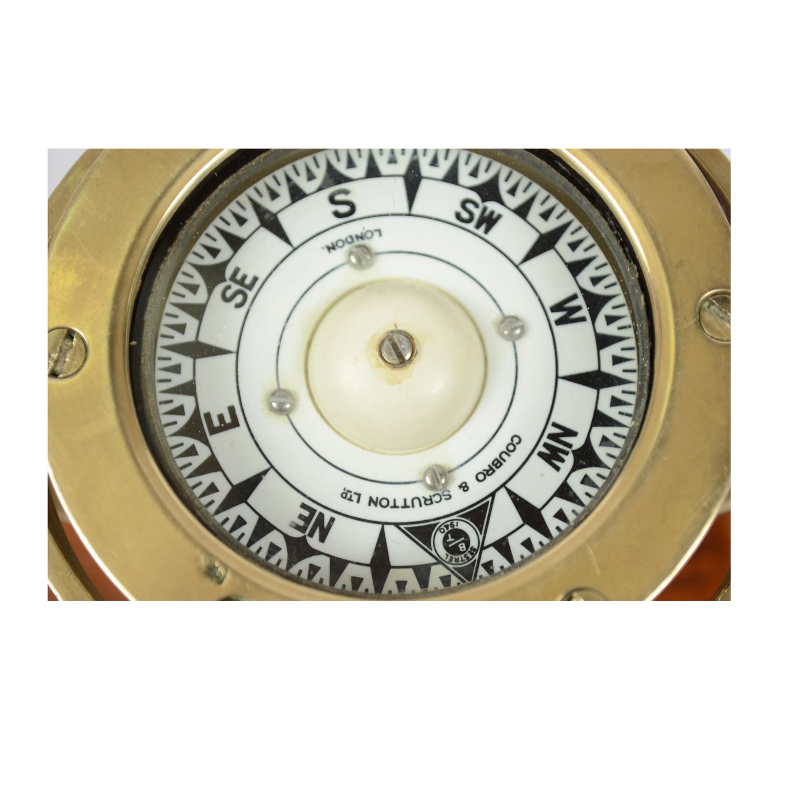 Brass and Glass Nautical Compass on Oak Wooden Board, London, 1860 2