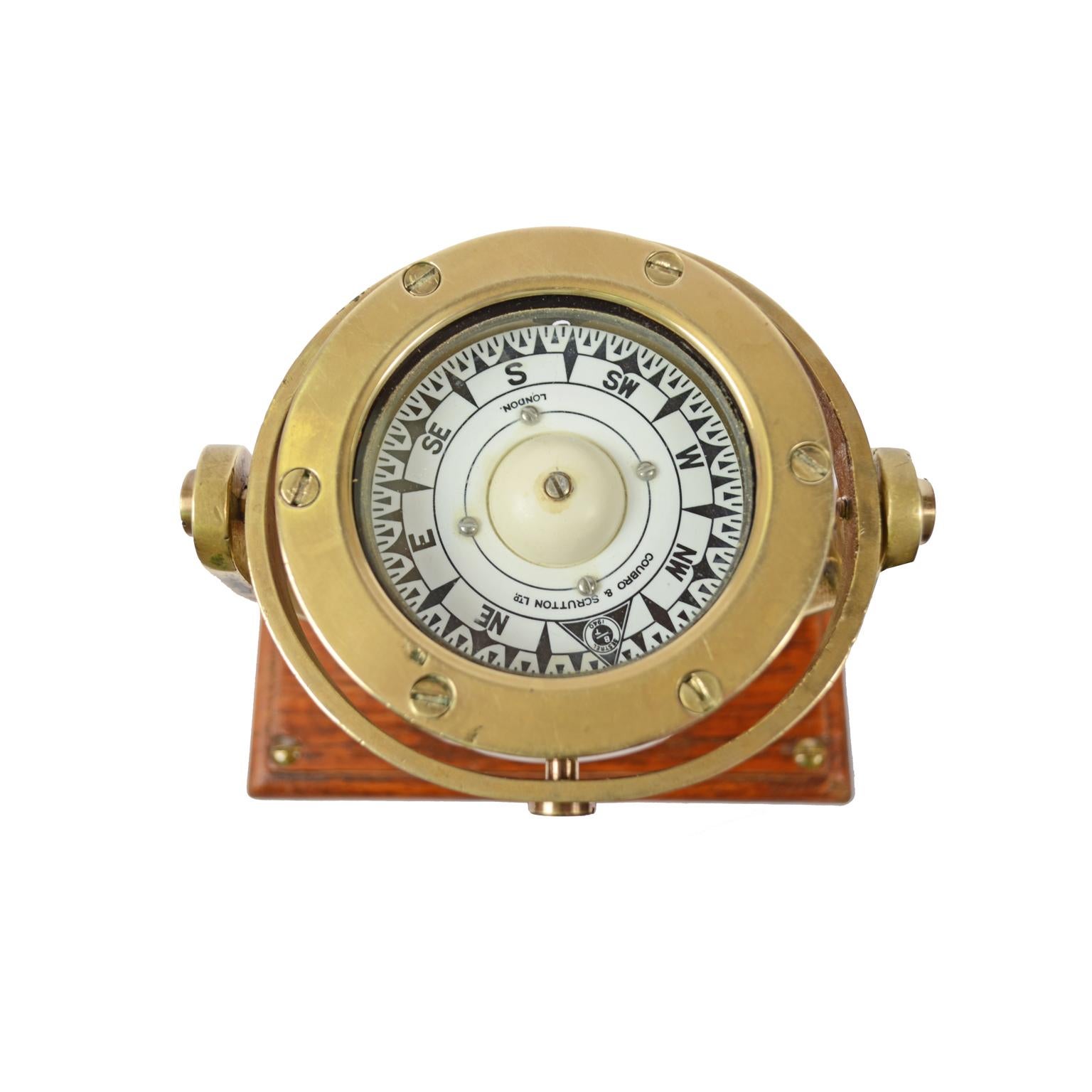 Brass and Glass Nautical Compass on Oak Wooden Board, London, 1860 1