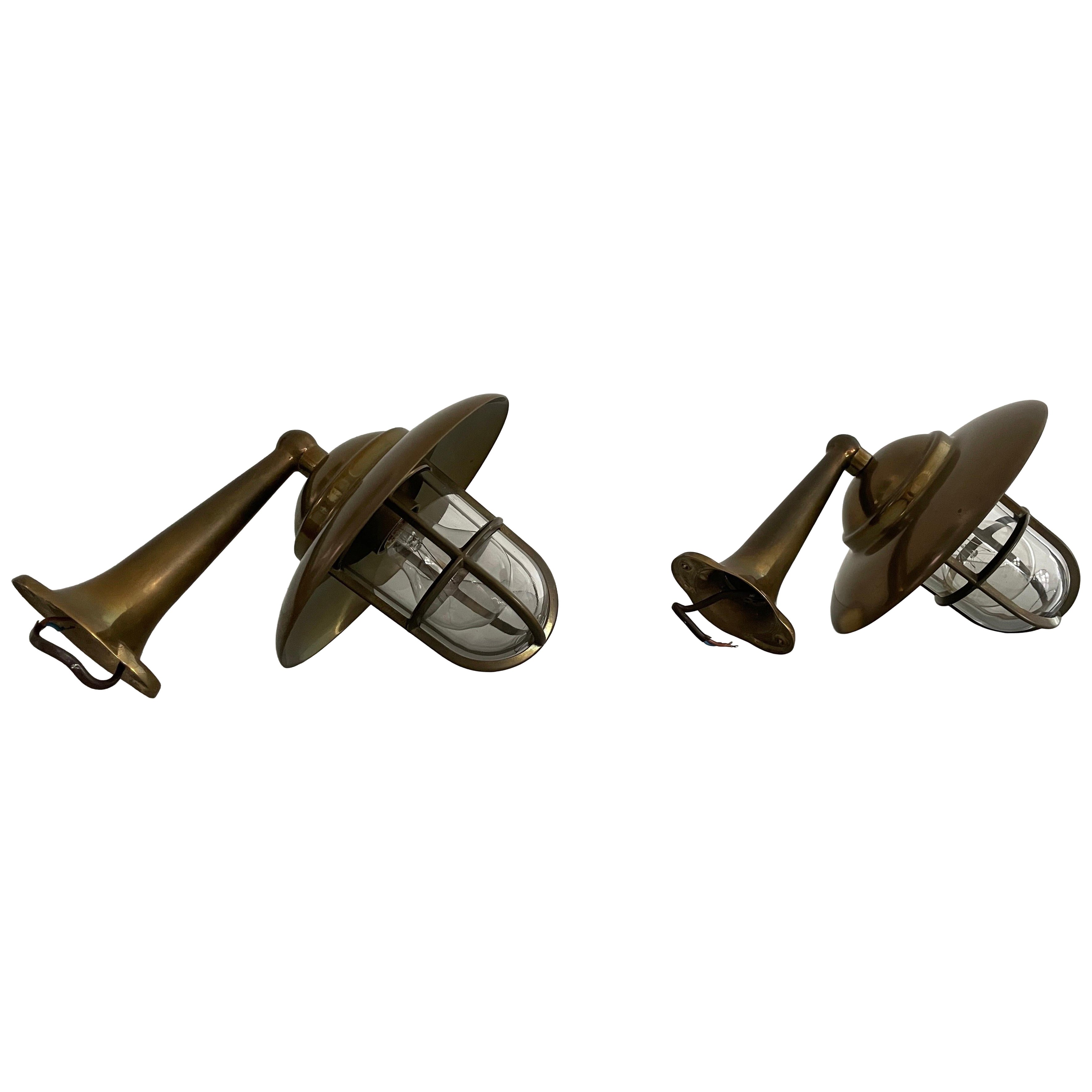 Brass and Glass Pair of Iconic Ship Wall Lamps, 1970s, Germany For Sale