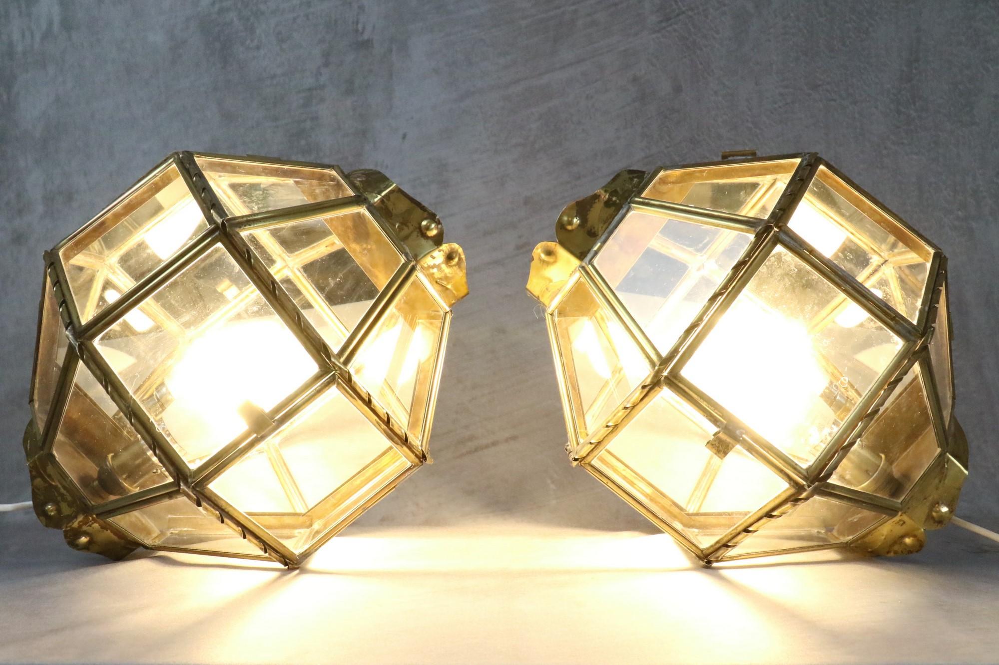 Brass and Glass Pair of Vintage Handcrafted Wall Lamps, 1940s, France 6