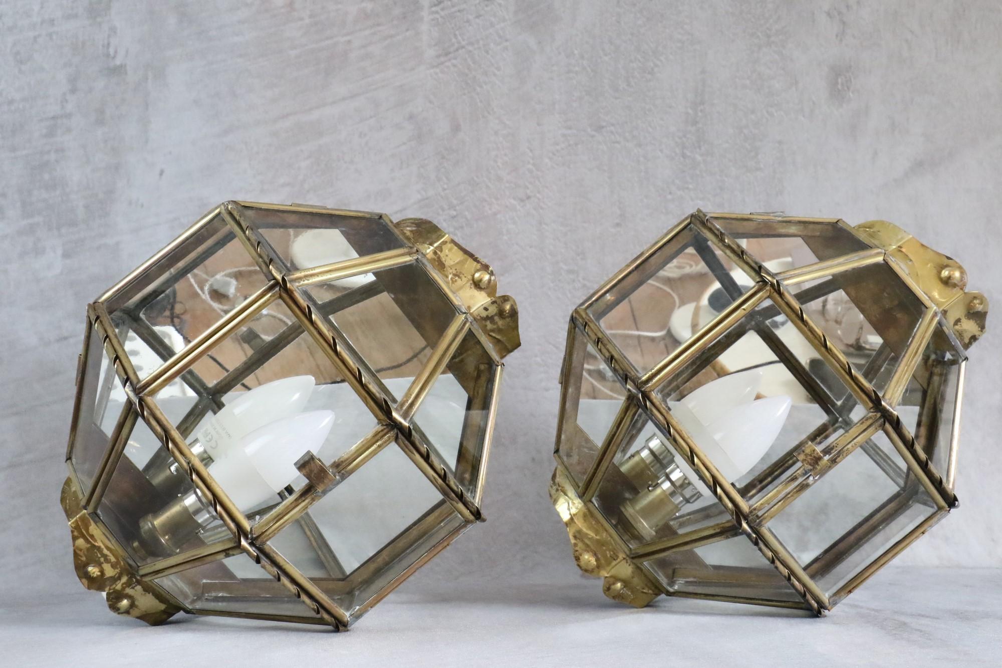 Brass and Glass Pair of Vintage Handcrafted Wall Lamps, 1940s, France 1