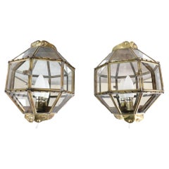Brass and Glass Pair of Vintage Handcrafted Wall Lamps, 1940s, France