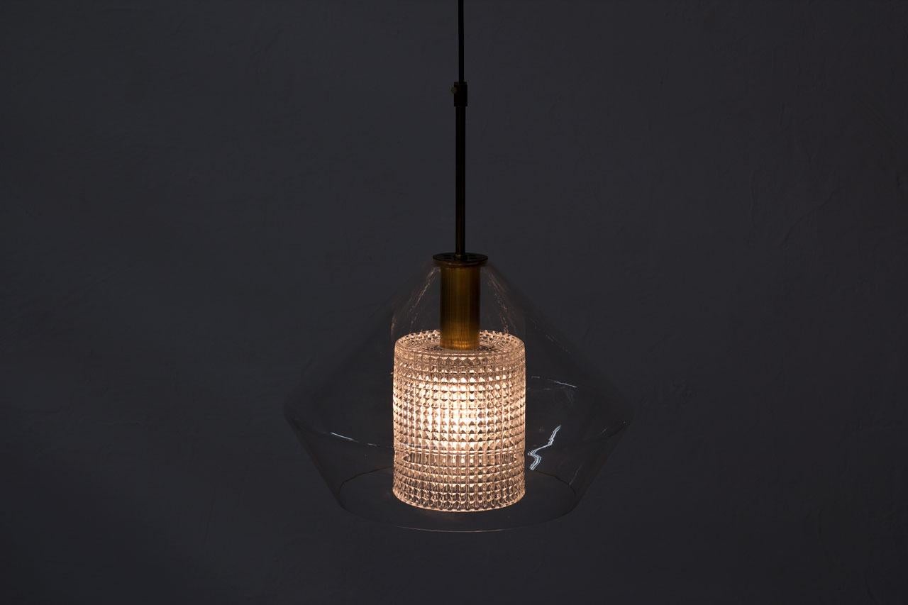 Mid-20th Century Brass and Glass Pendant Lamp by Carl Fagerlund for Orrefors, Sweden, 1960s