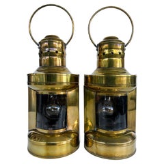 Brass and Glass Port and Starboard Nautical Lanterns Mounted as Sconces, a Pair