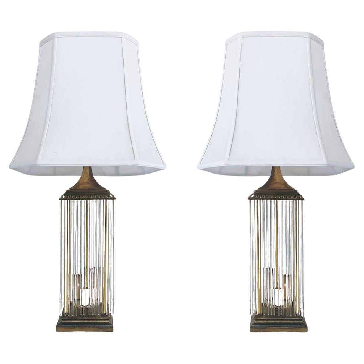 Brass and Glass Rod Table Lamps, Gaetano Sciolari Lightolier Attributed Pair For Sale