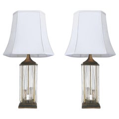 Retro Brass and Glass Rod Table Lamps, Gaetano Sciolari Lightolier Attributed Pair