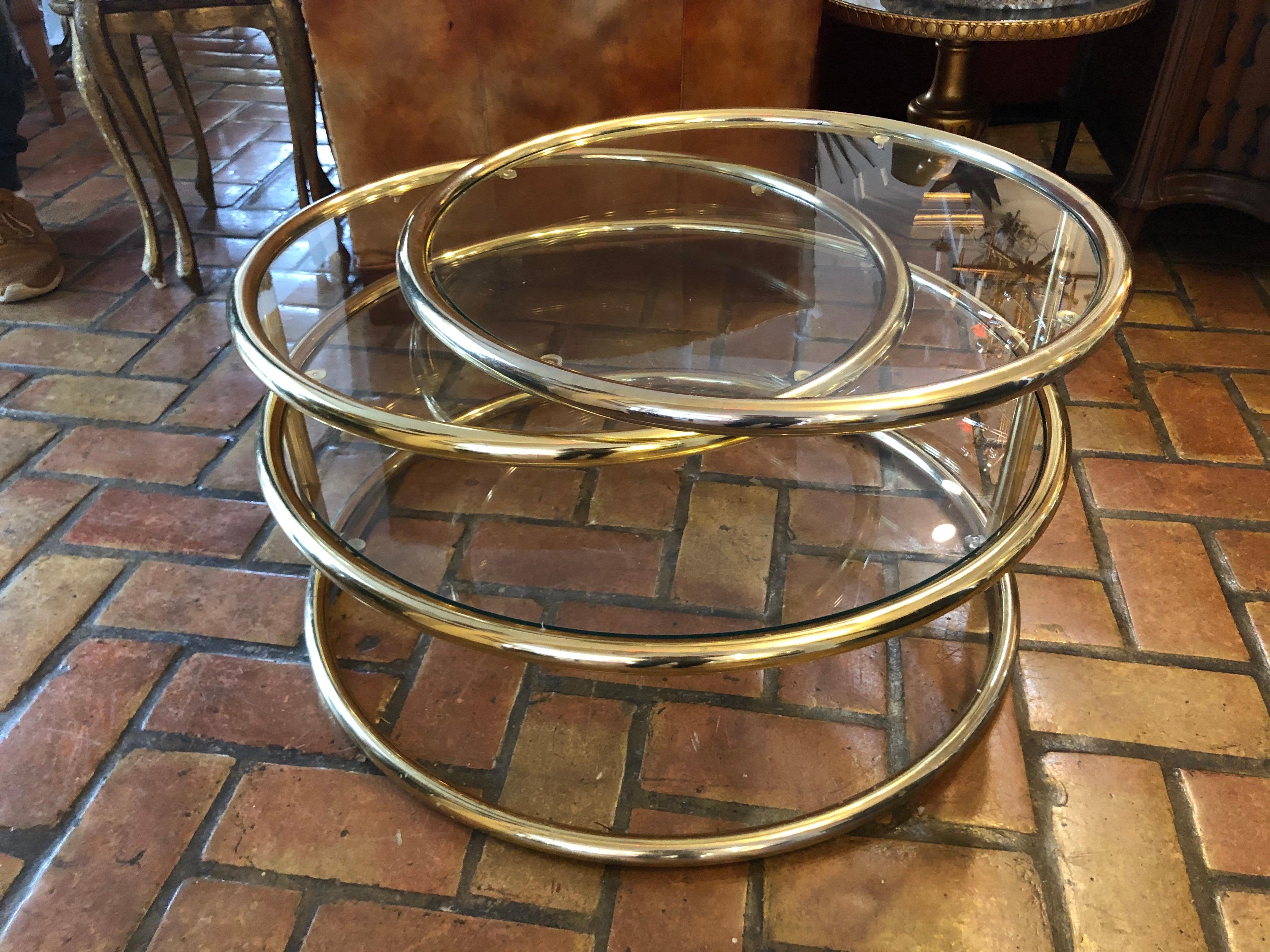 Brass and Glass Round Three-Tiered Expandable Table 11