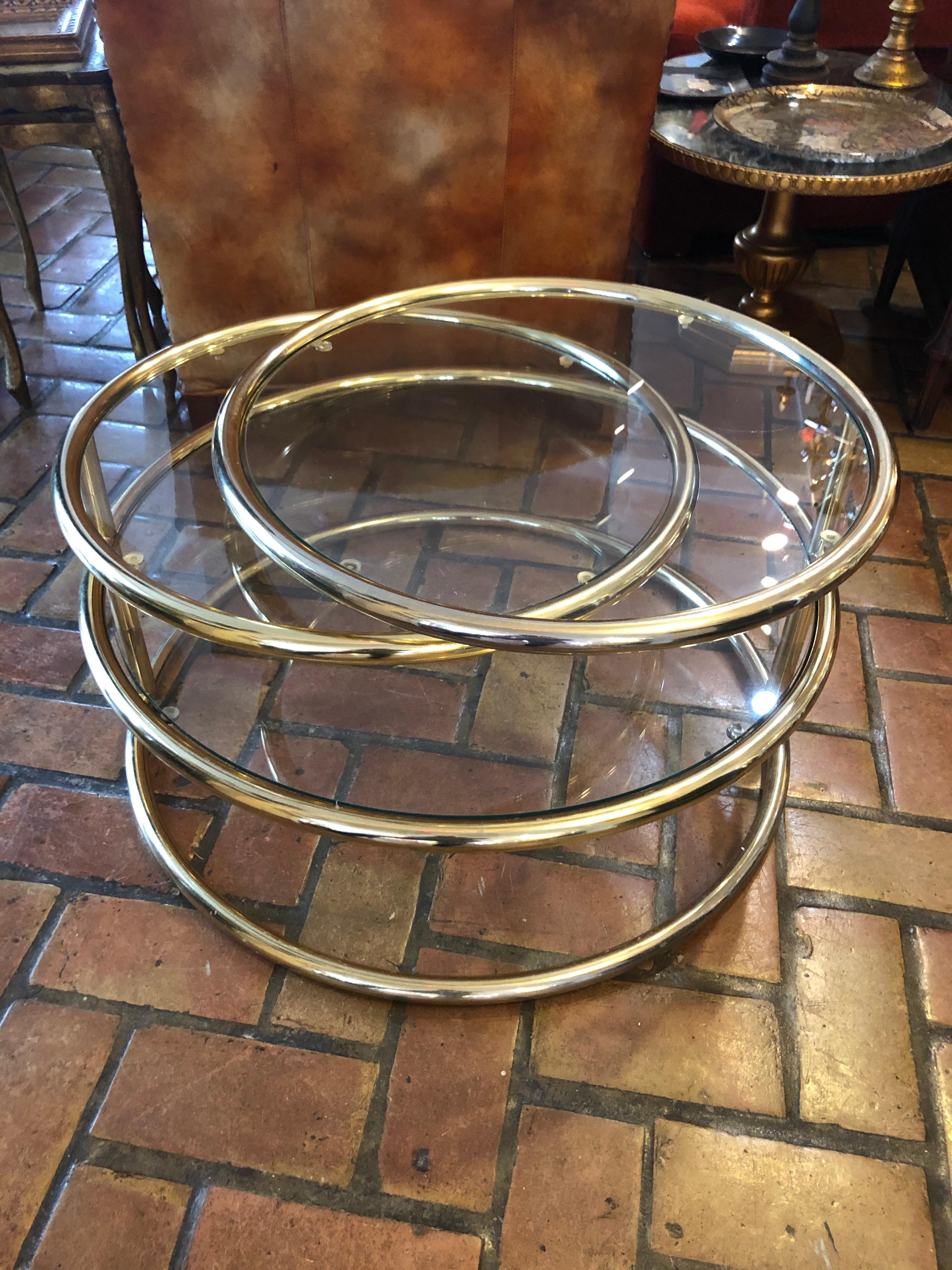 Mid-Century Modern Brass and Glass Round Three-Tiered Expandable Table