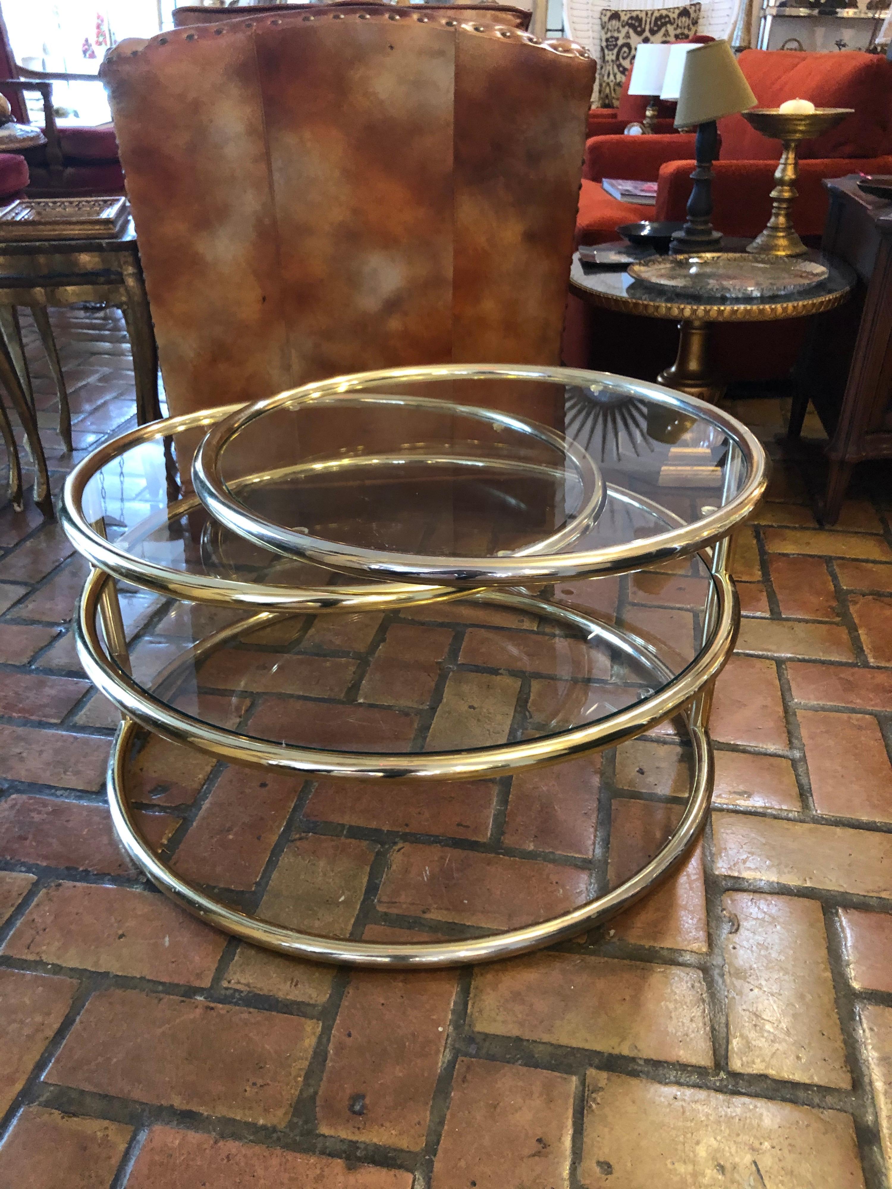 Polished Brass and Glass Round Three-Tiered Expandable Table