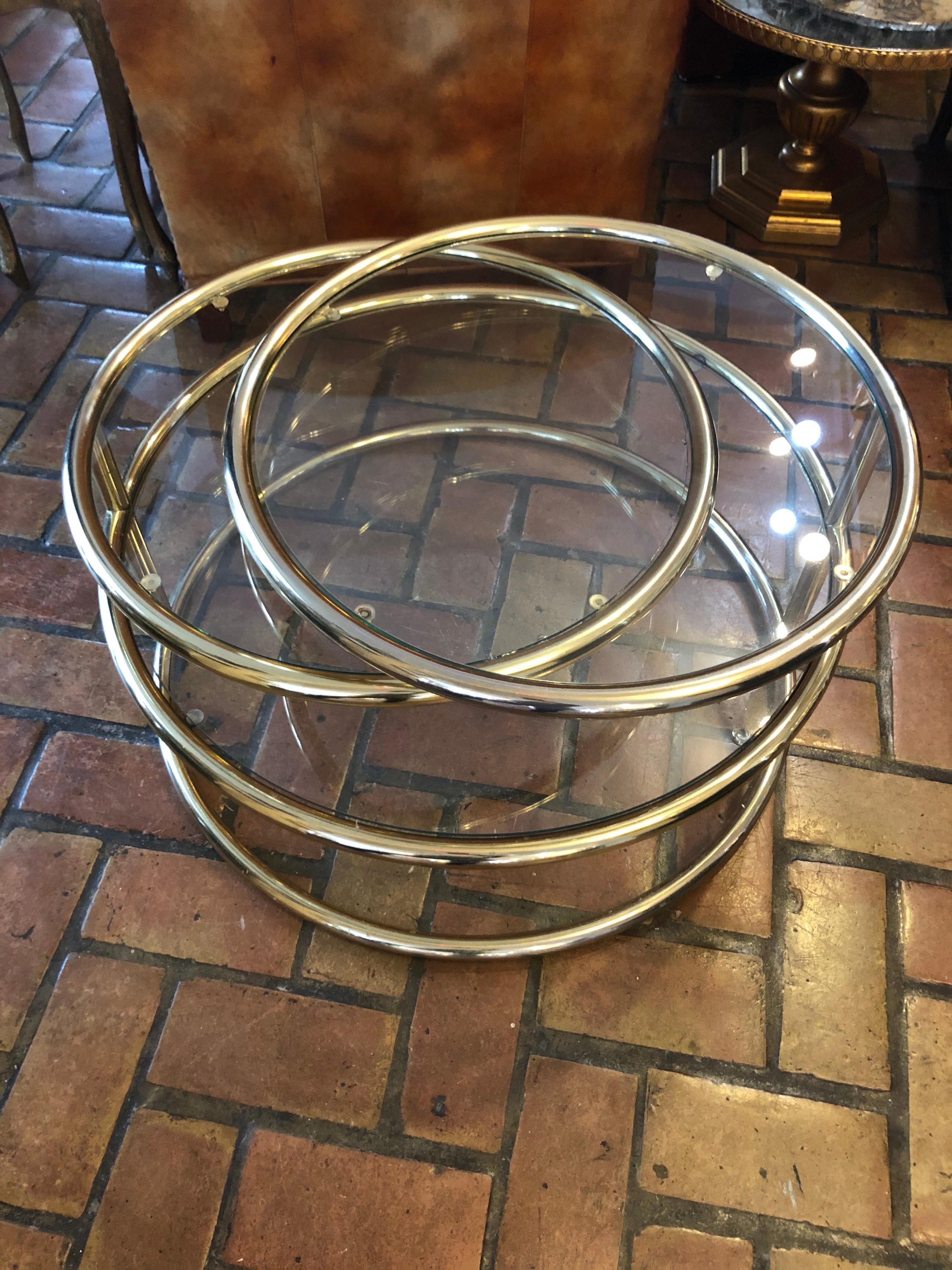 Late 20th Century Brass and Glass Round Three-Tiered Expandable Table