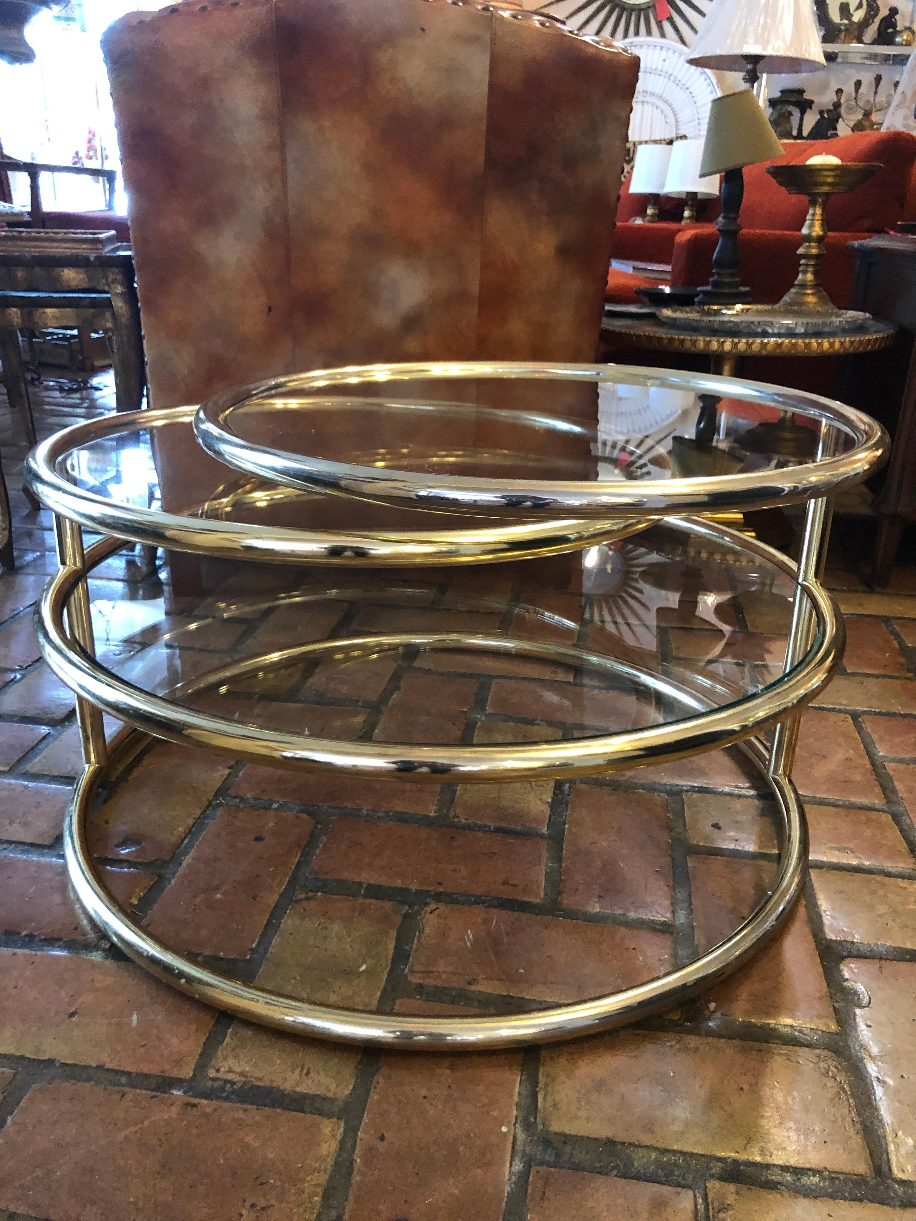 Brass and Glass Round Three-Tiered Expandable Table 1