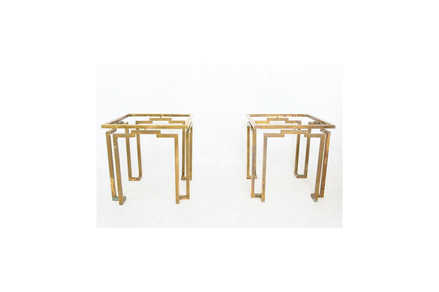 For your consideration: Modernist geometric bold design brass and glass side tables by Arturo Pani. Beautiful sculptural shape. Mexico 1950s (Please note we are offering in another listing a matching coffee table to complete this fabulous set.