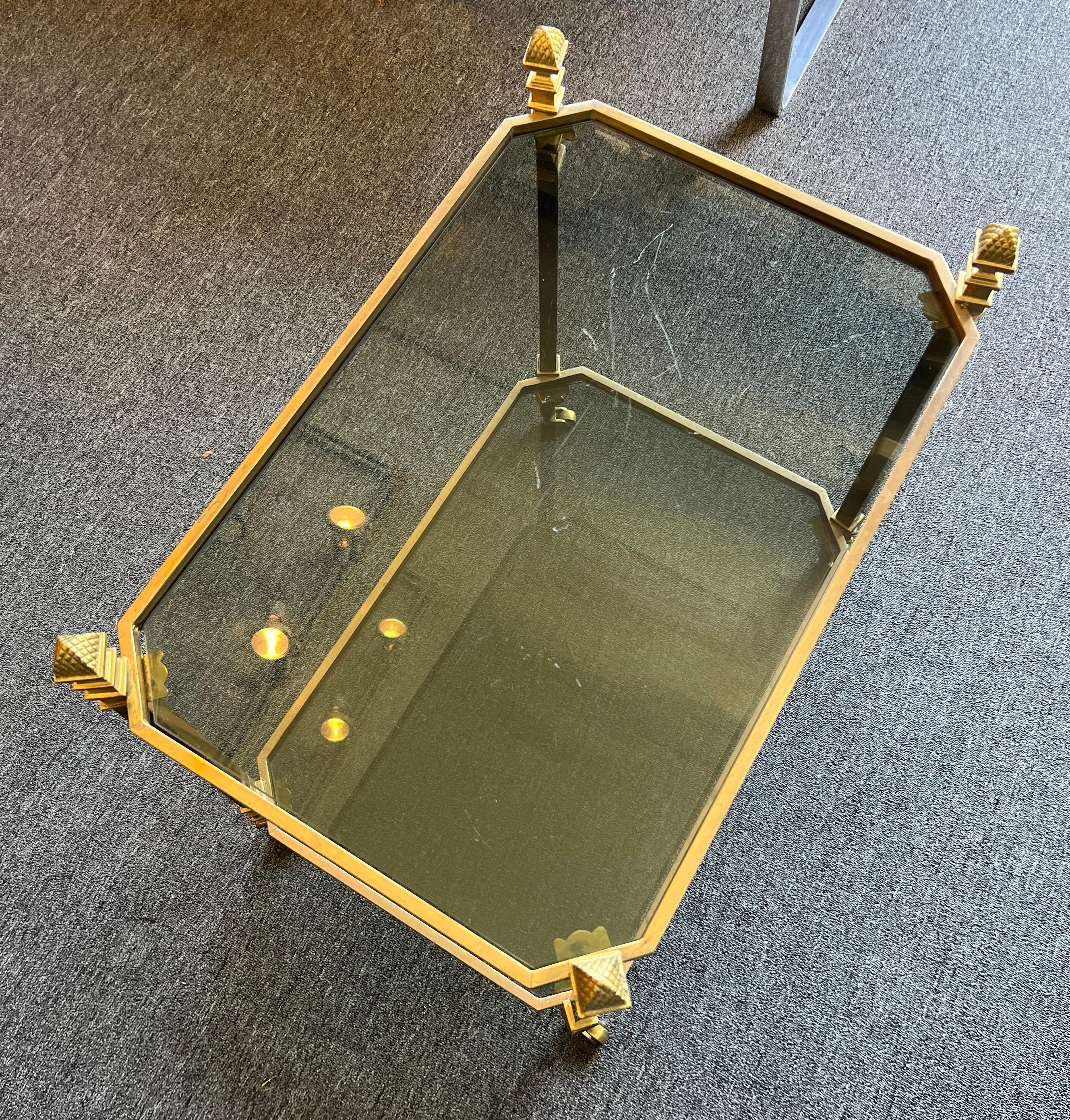 Brass and Glass Serving Table on Casters For Sale 6