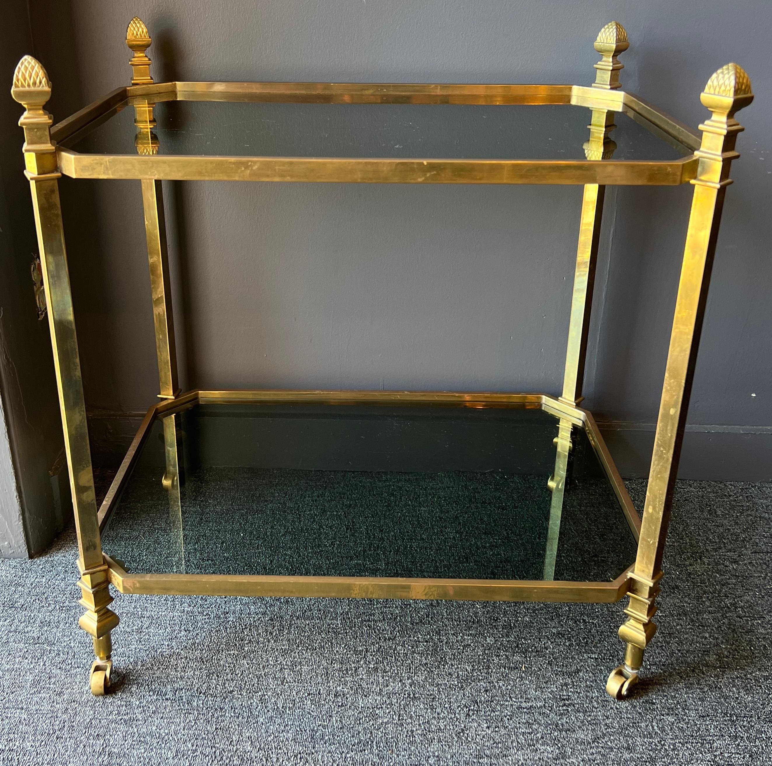 Brass and Glass Serving Table on Casters For Sale 9