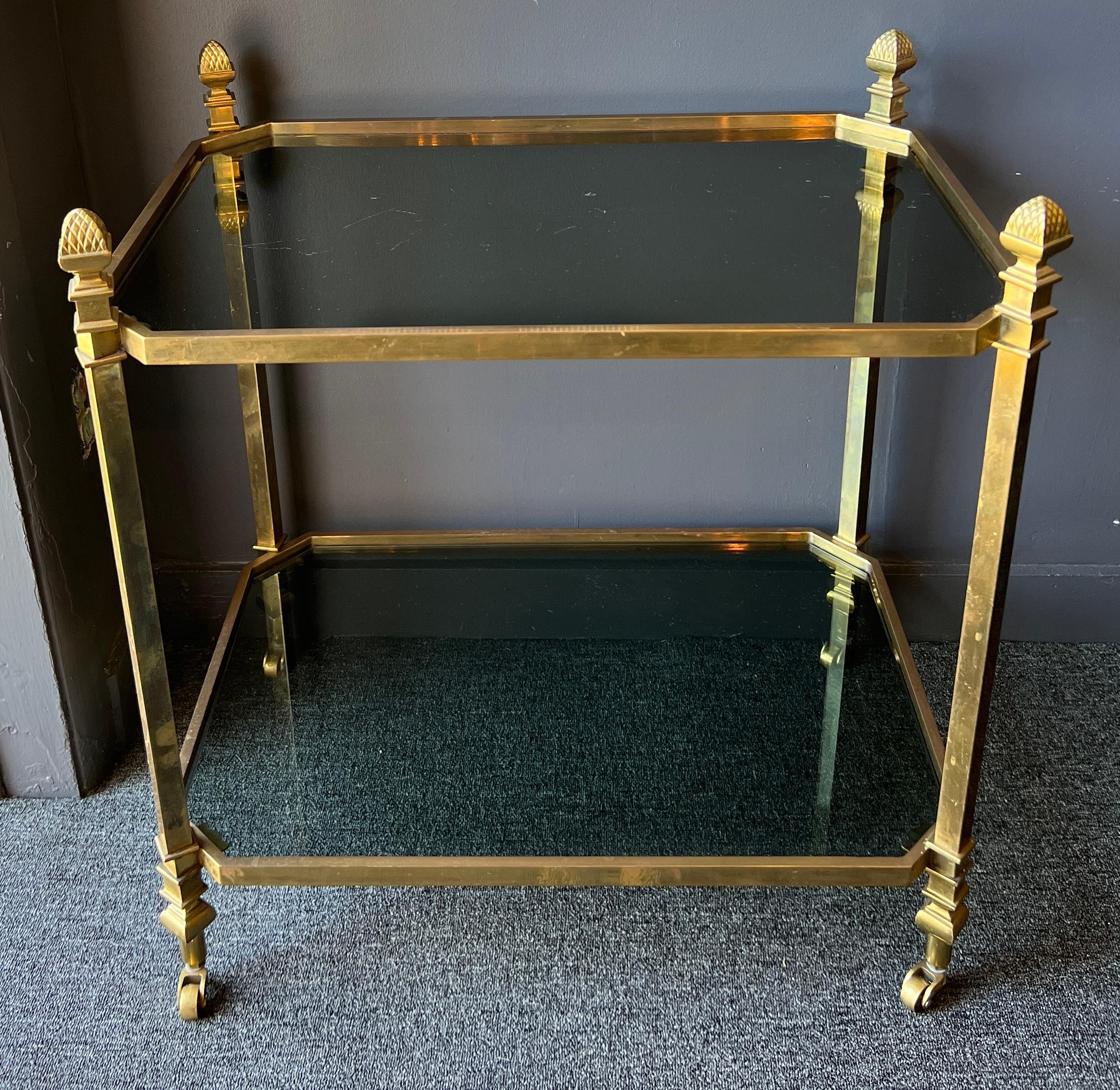 Brass and Glass Serving Table on Casters For Sale 10