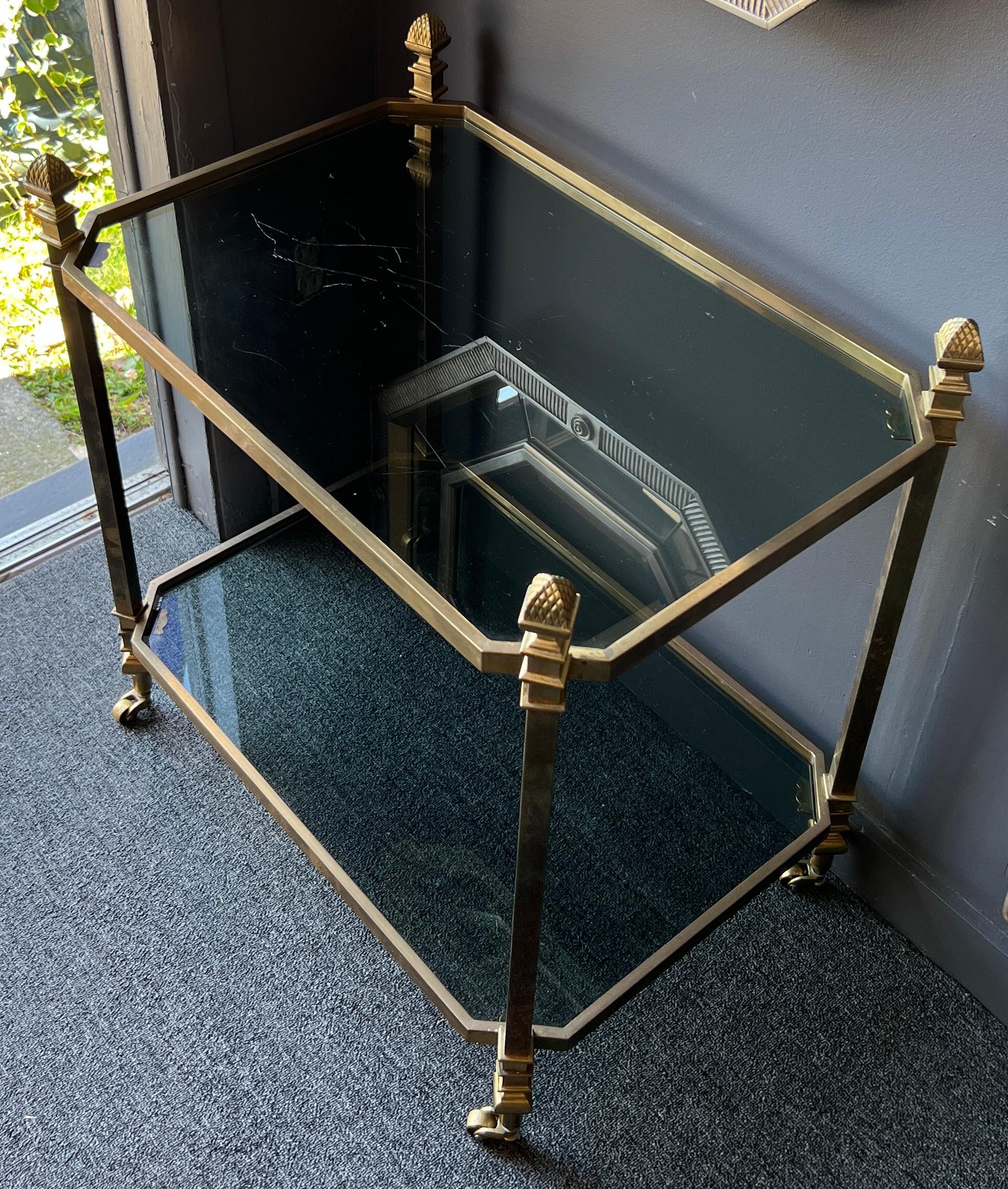 Brass and Glass Serving Table on Casters in the Style of Maison Jansen For Sale 11
