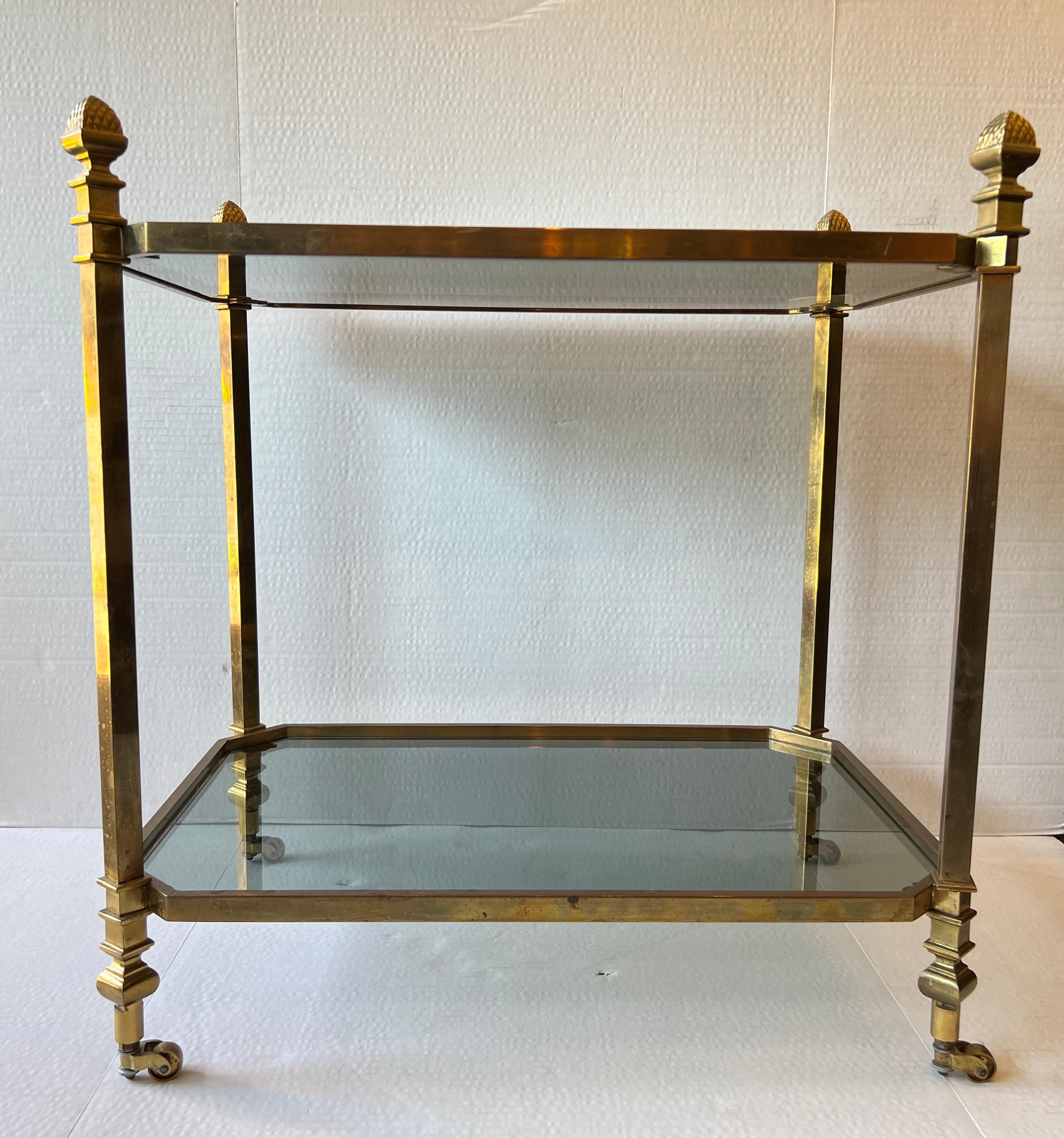 Hollywood Regency Brass and Glass Serving Table on Casters For Sale