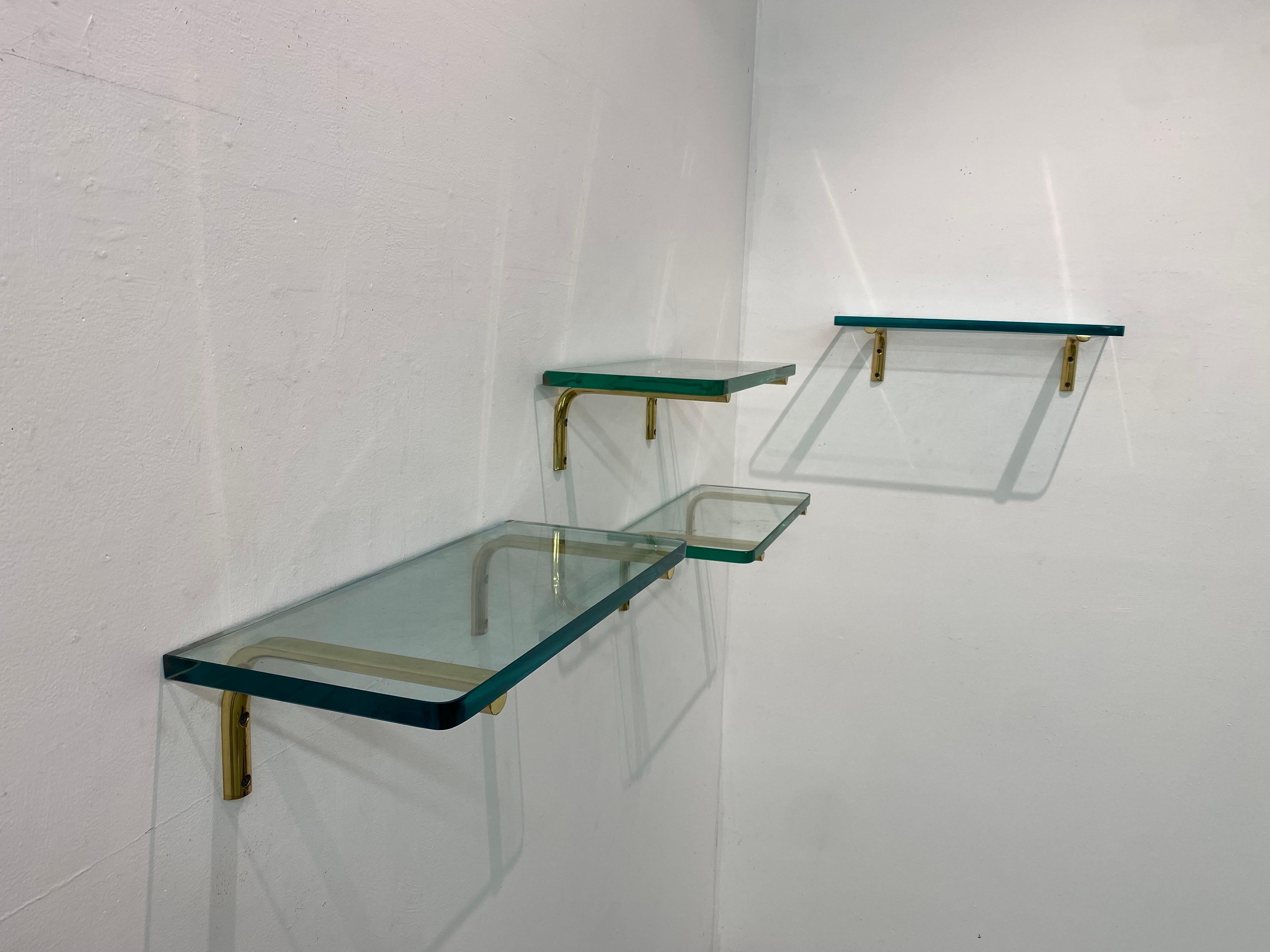 Brass and Glass Shelves, Set of 6 In Good Condition In Philadelphia, PA