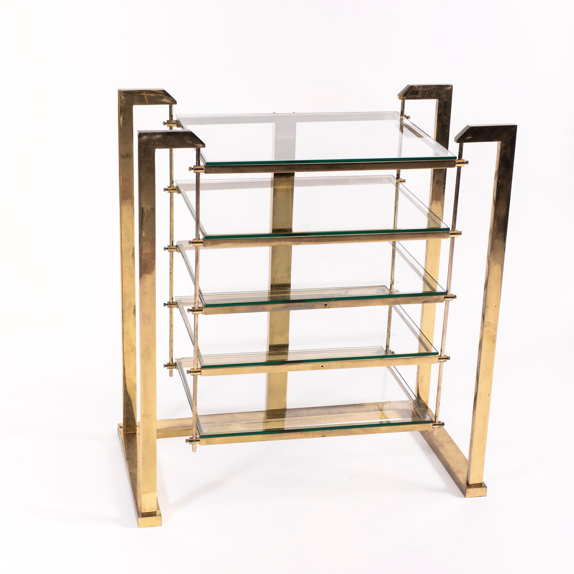 Hollywood Regency Brass and Glass Shelving Unit in Style of Romeo Rega, Italy, circa 1970 For Sale