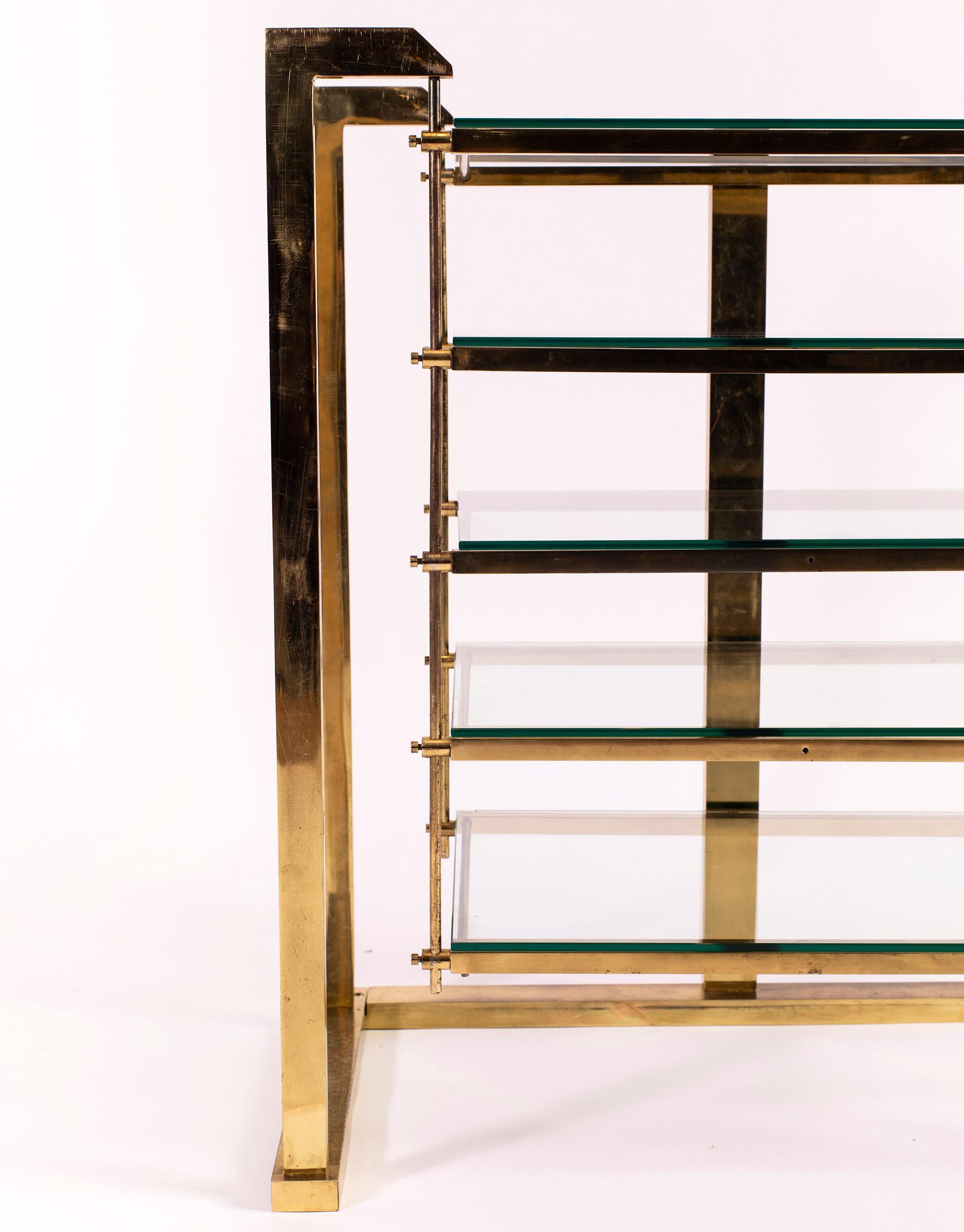 Italian Brass and Glass Shelving Unit in Style of Romeo Rega, Italy, circa 1970 For Sale