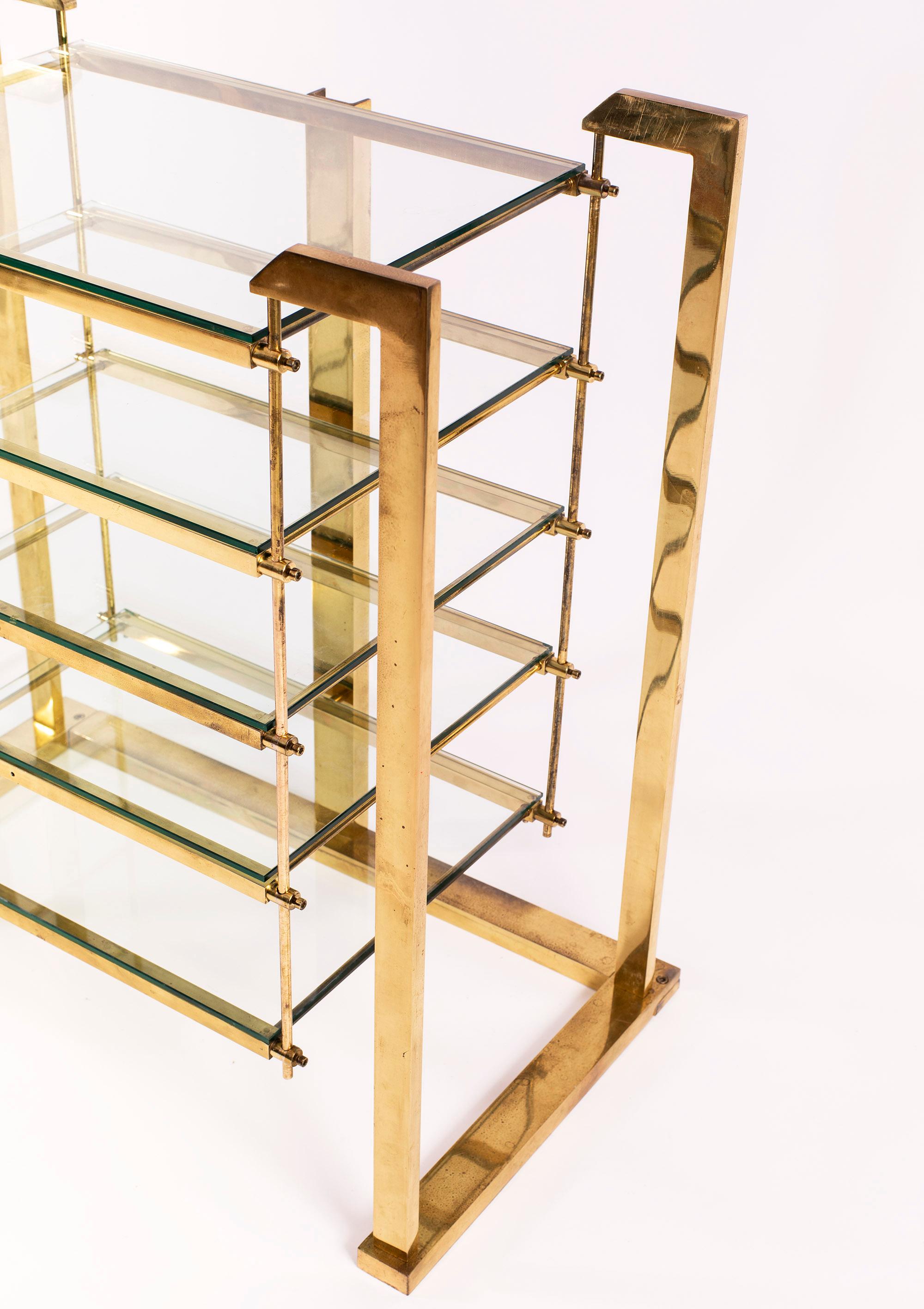 Late 20th Century Brass and Glass Shelving Unit in Style of Romeo Rega, Italy, circa 1970 For Sale