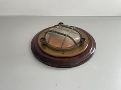 Brass and Glass Ship Wall or Ceiling Light with Wood Base, 1960s, Italy