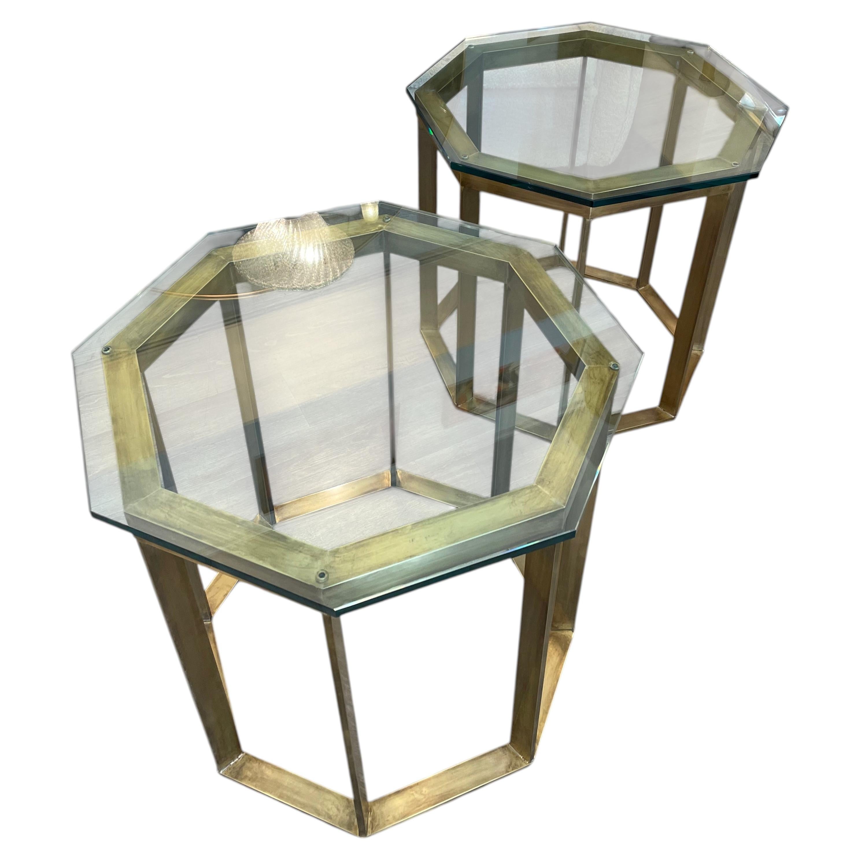 Brass and Glass Small Tables, Romeo Rega 1970s Octagonal Shape For Sale