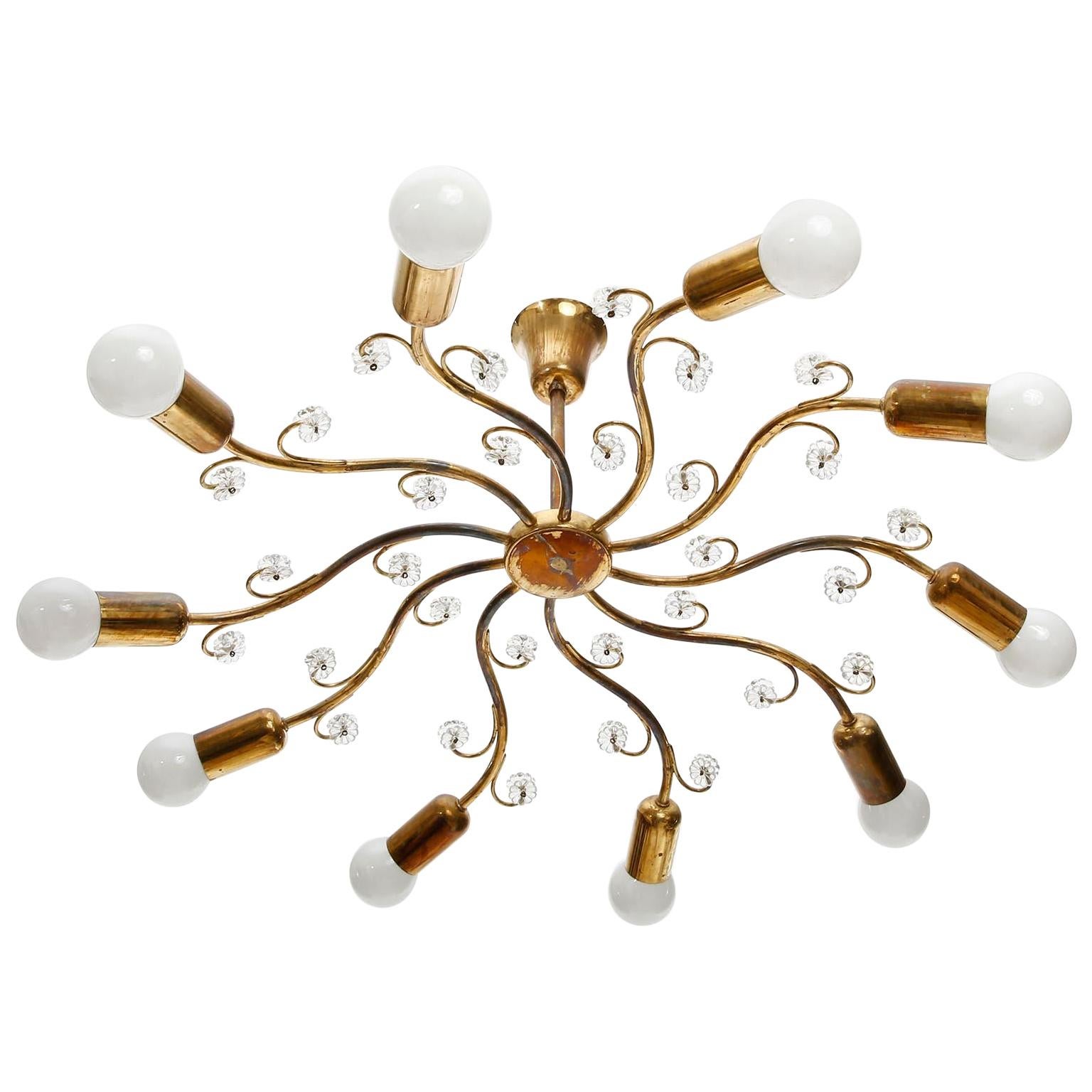 Brass and Glass Spider Chandelier Flush Mount Light, 1950s