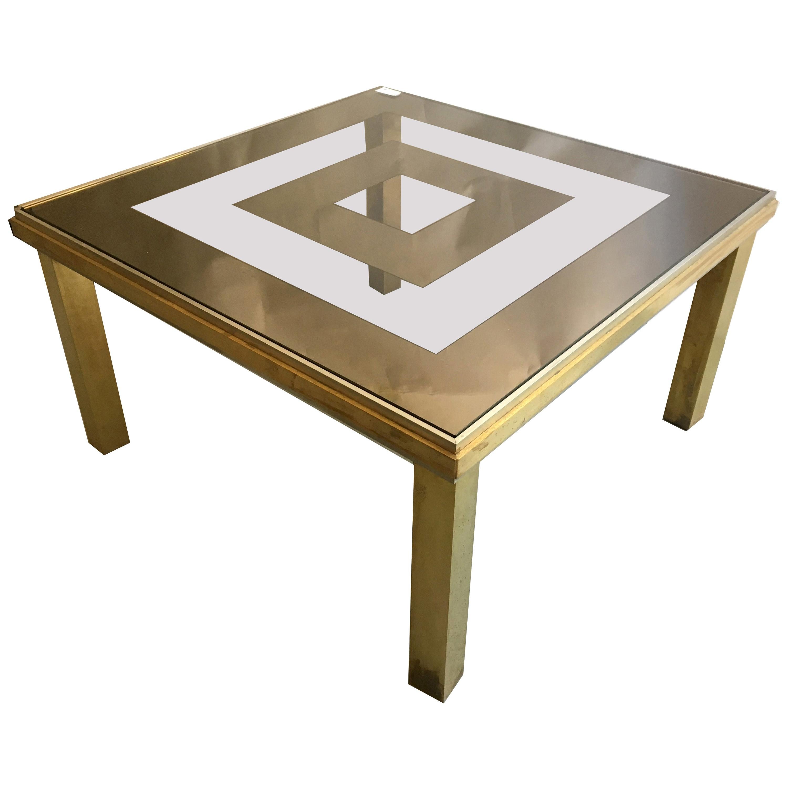 Brass and Glass Square Coffee Table, Italy, 1970s