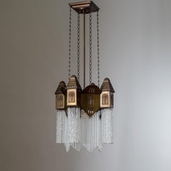 Hängeleuchte aus Messing und Glas, um 1910