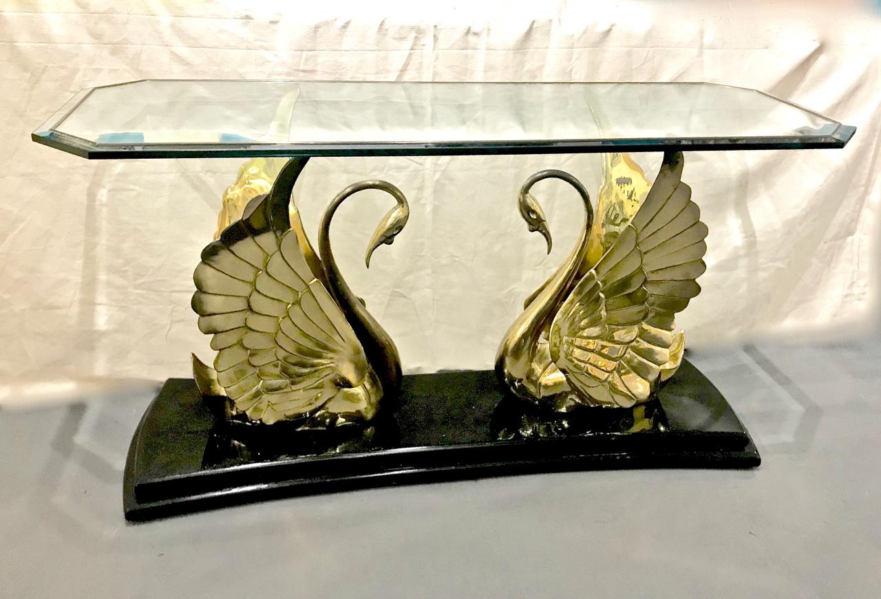 Brass and Glass Swan Console Table In Good Condition In Pasadena, CA