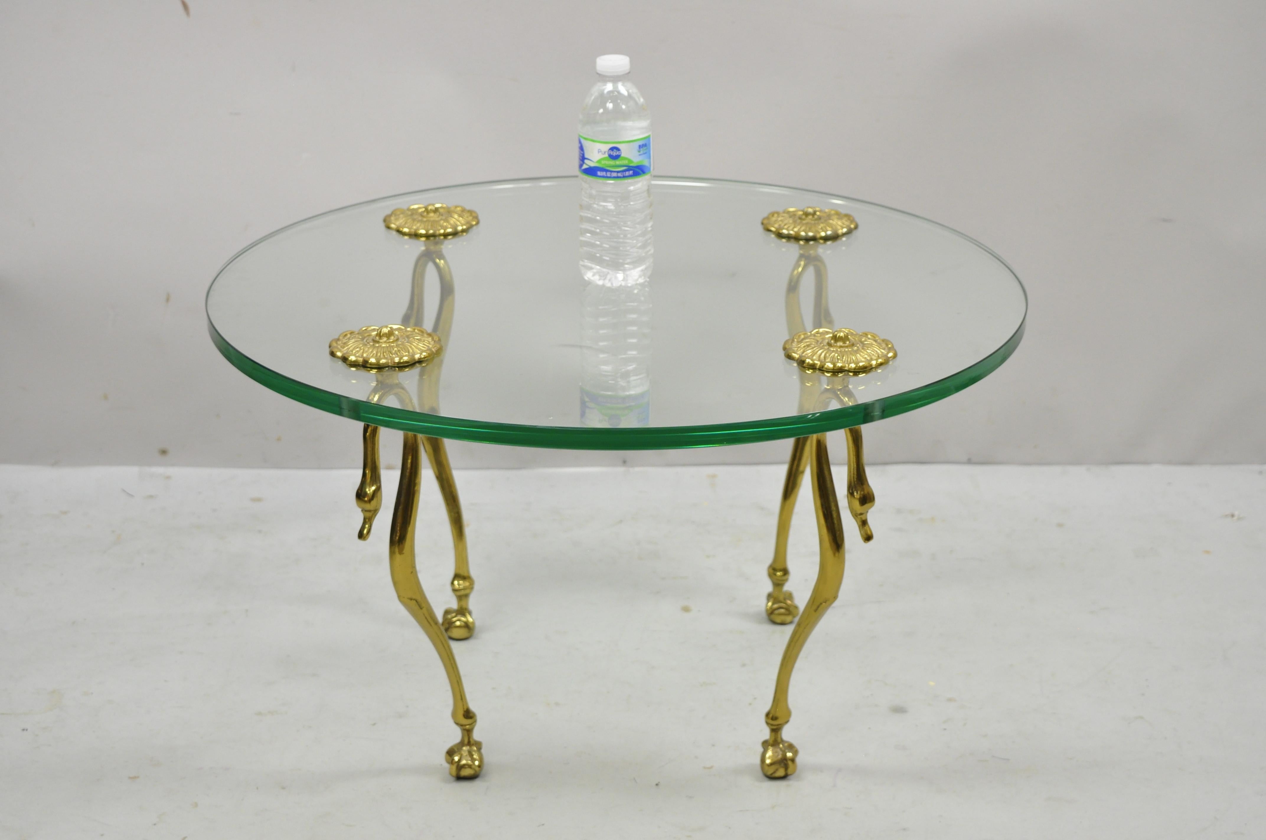 Brass and Glass Swan Leg Regency Maison Jansen Style Small Round Coffee Table For Sale 2