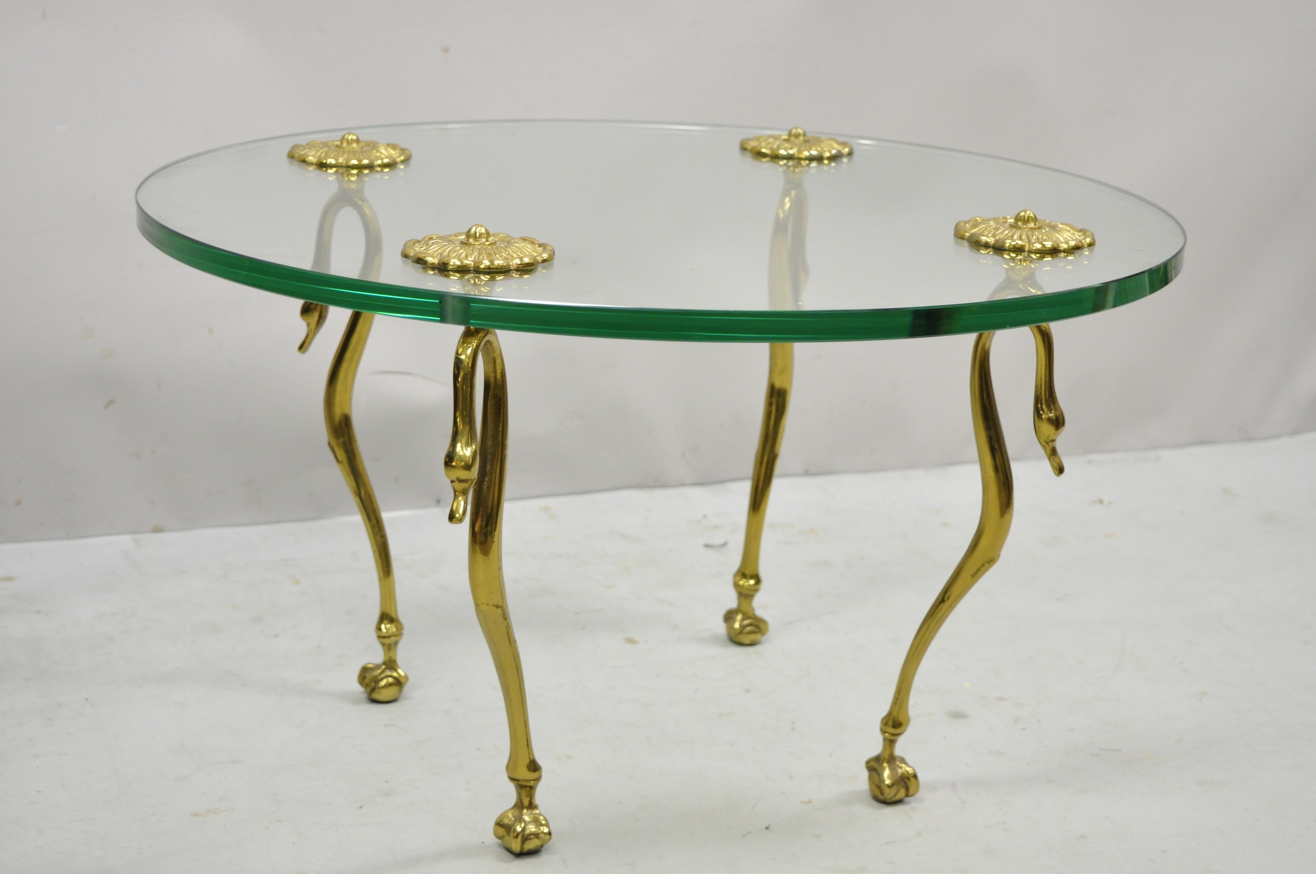 Brass and Glass Swan Leg Regency Maison Jansen Style Small Round Coffee Table For Sale 3