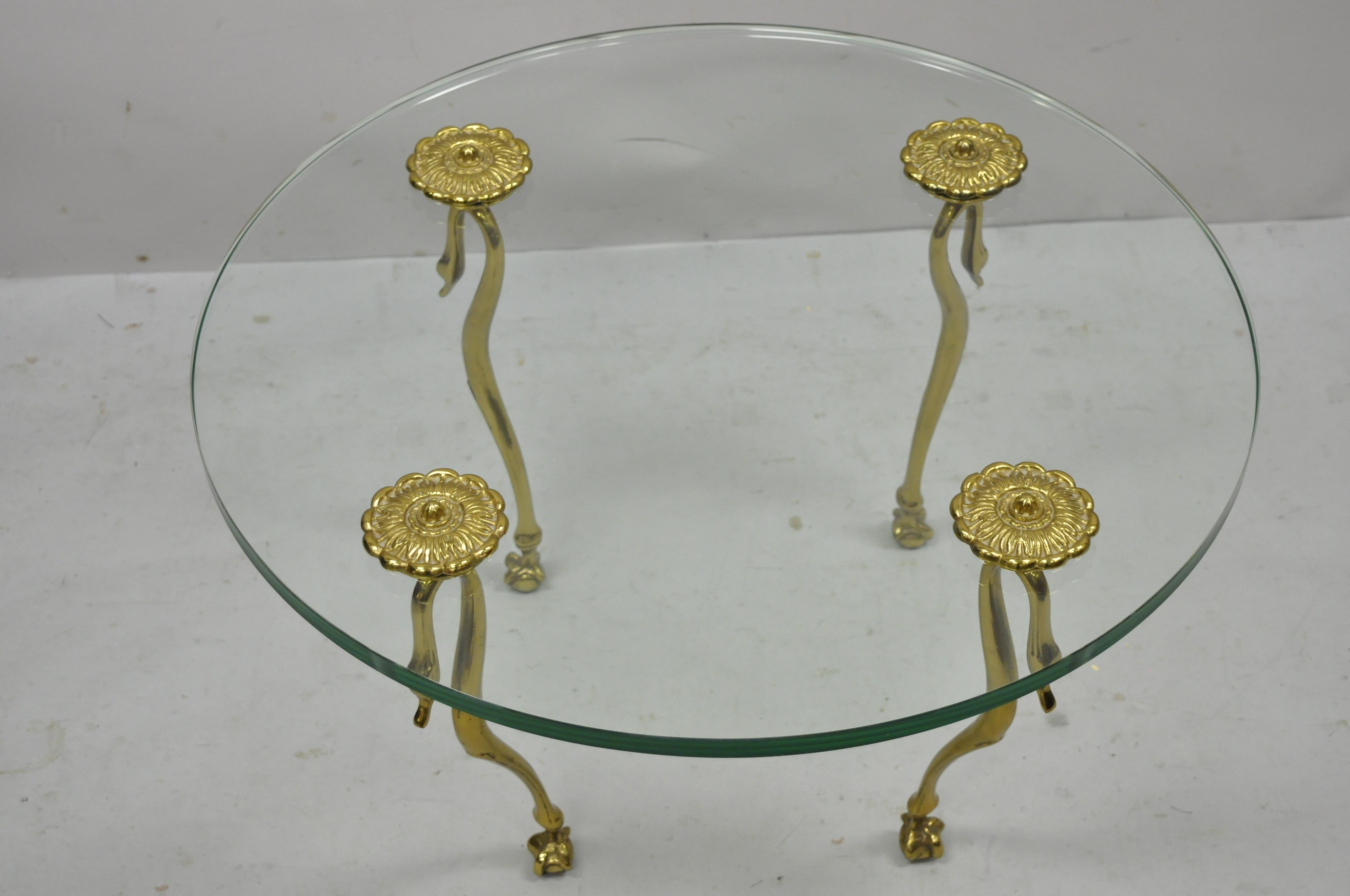 Italian Brass and Glass Swan Leg Regency Maison Jansen Style Small Round Coffee Table For Sale