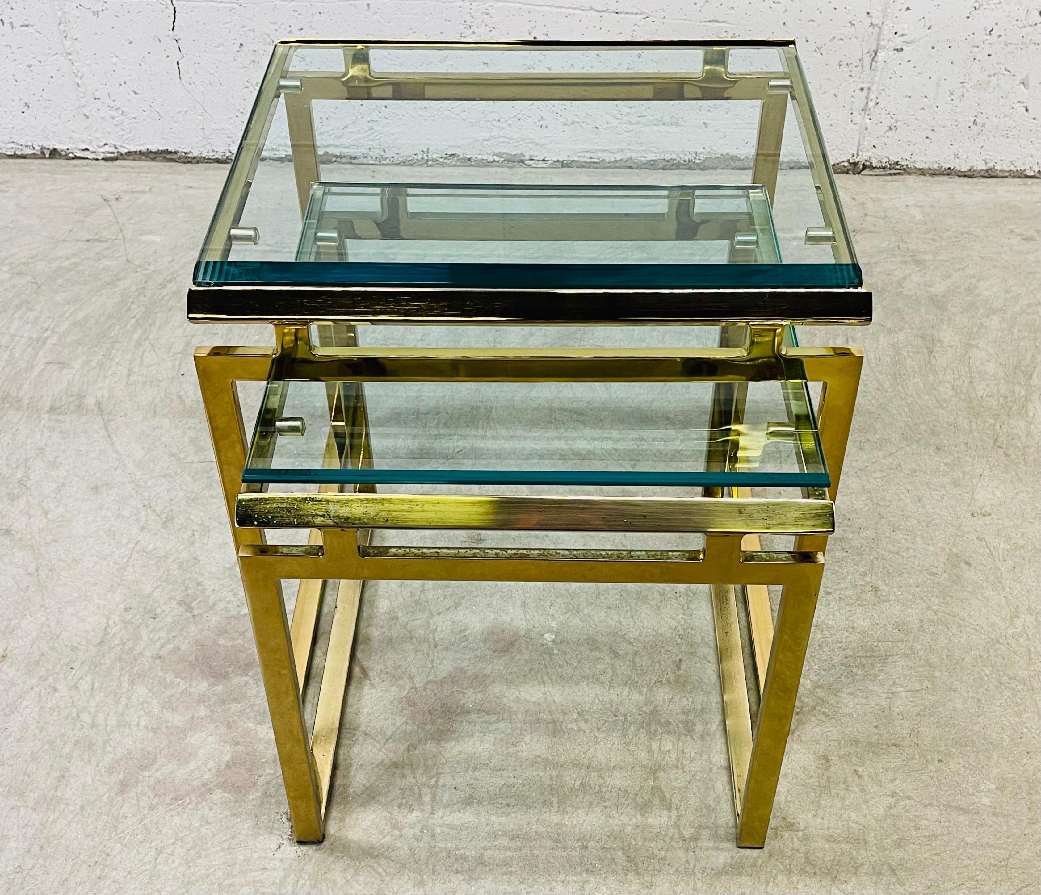 Mid-Century Modern Brass and Glass Top Nesting Tables, Pair For Sale