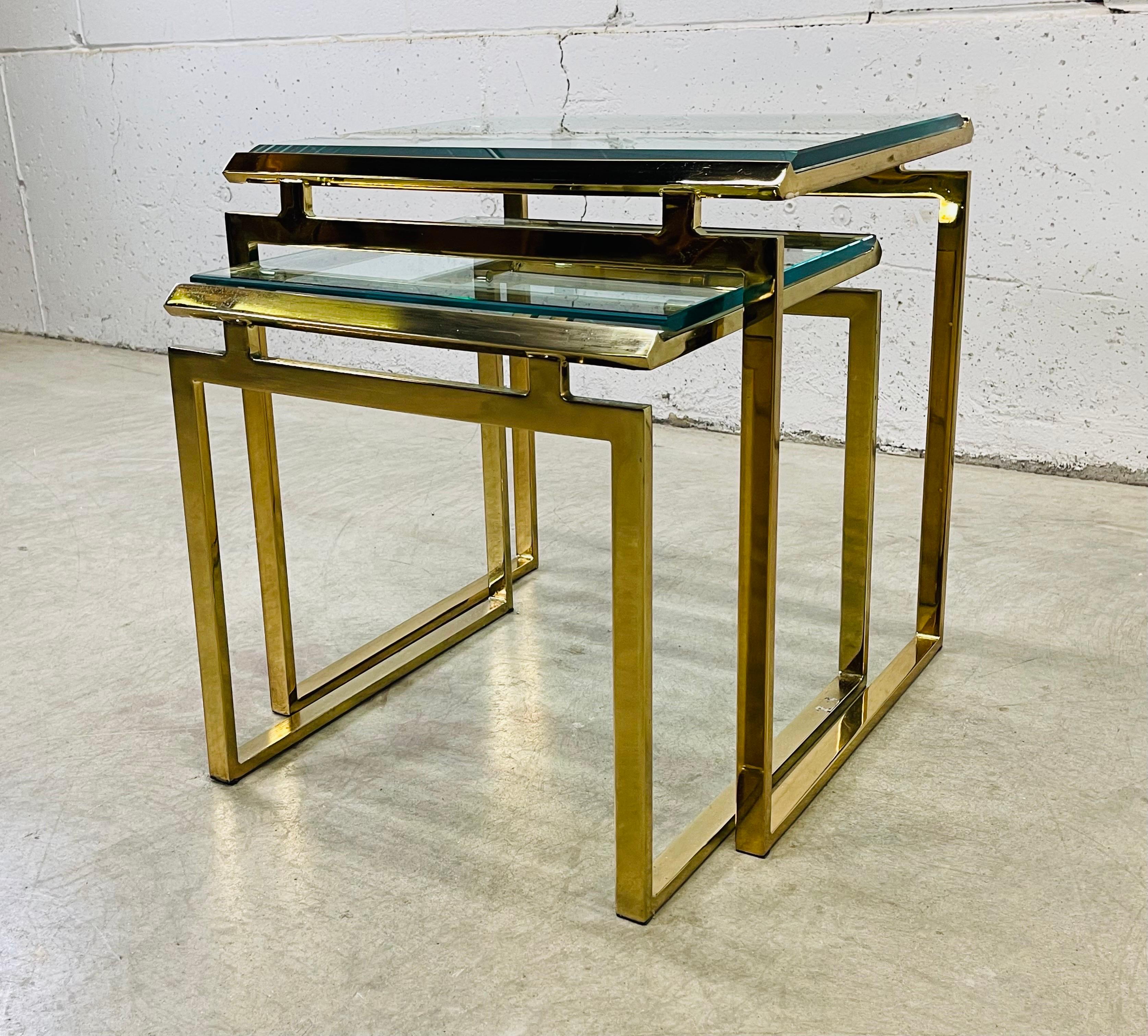 Brass and Glass Top Nesting Tables, Pair In Fair Condition For Sale In Amherst, NH