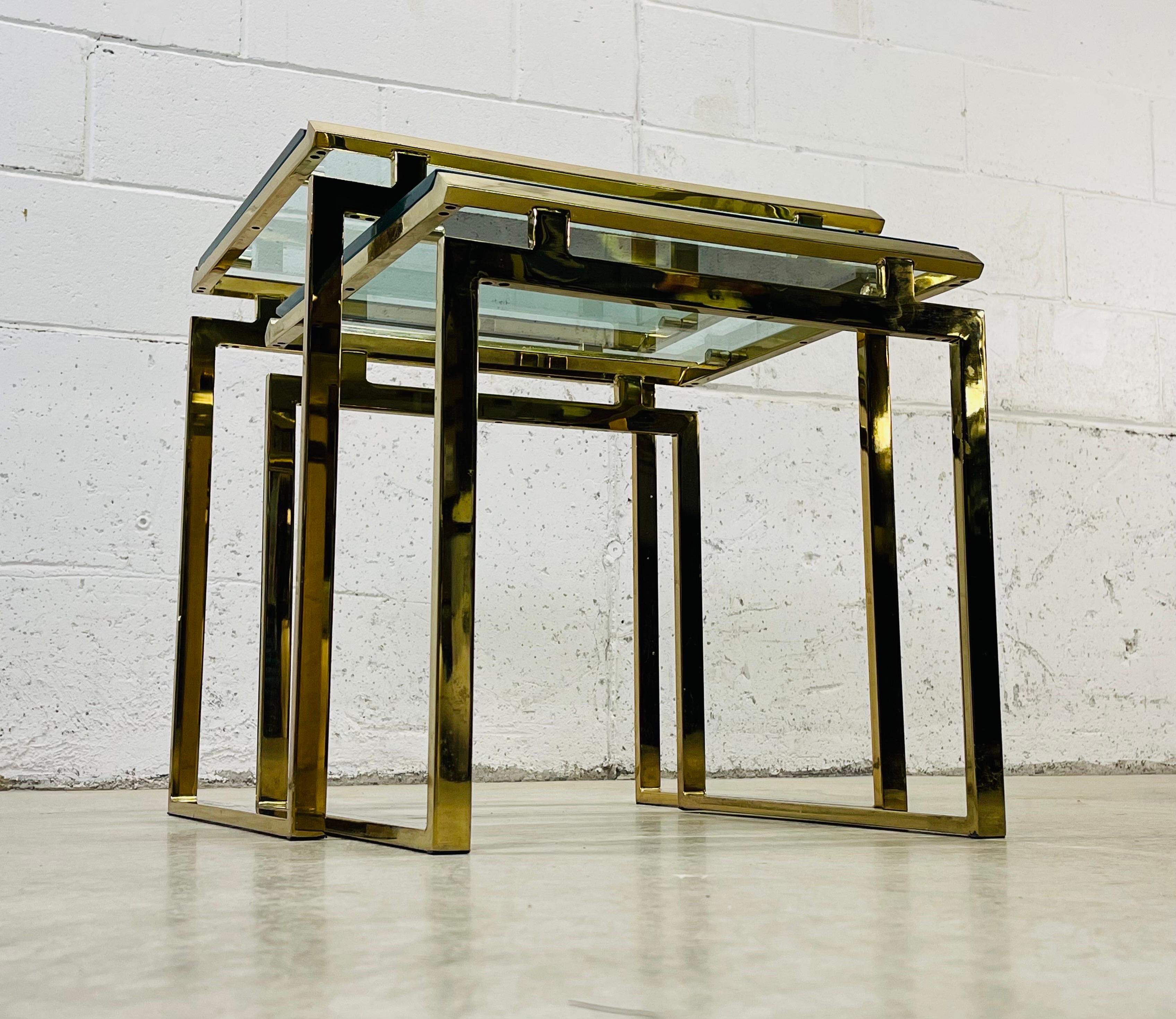Brass and Glass Top Nesting Tables, Pair For Sale 4