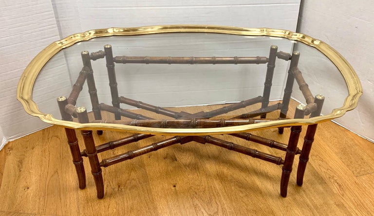 NOW SOLD} Fabulous Vintage Baker Furniture Company Faux Bamboo Glass & Brass  Top Cocktail Table is available! 44.25” W 30.75” D 16”…