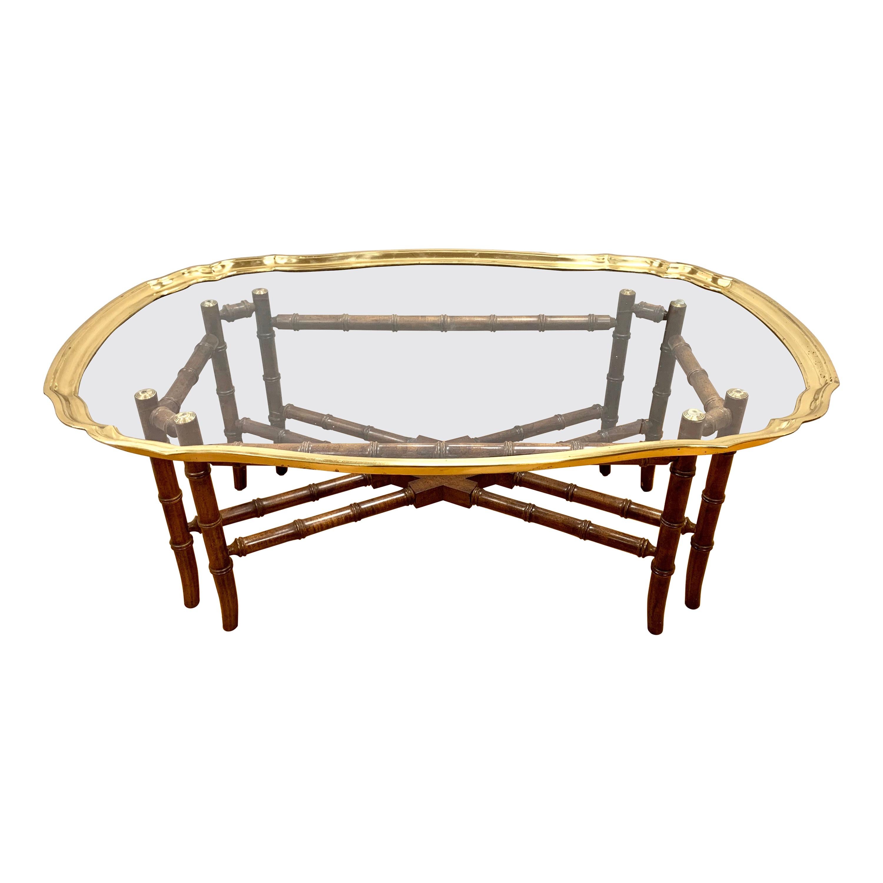 Baker Furniture Brass & Glass Tray Top Cocktail Table on Faux Bamboo Stand