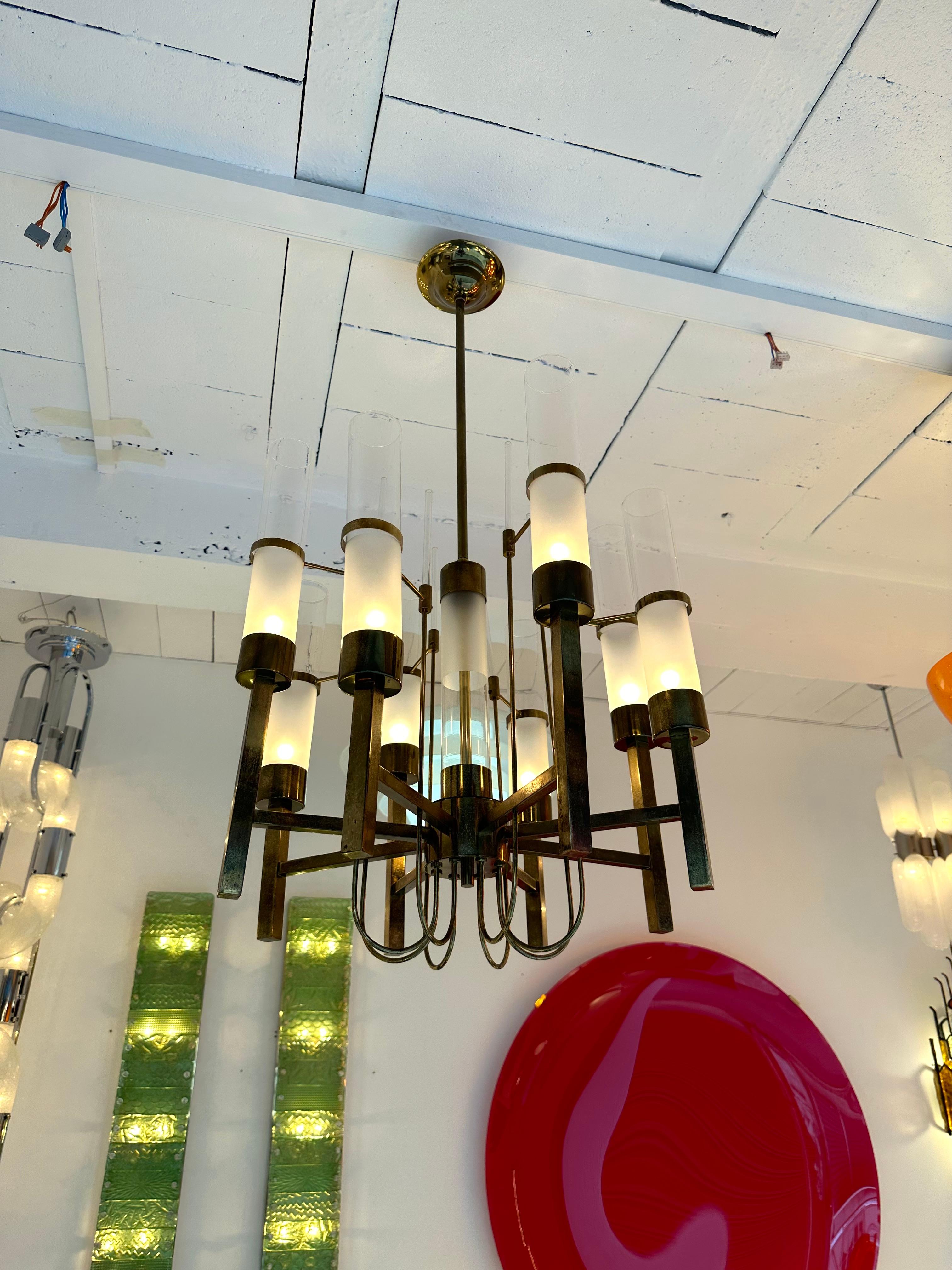 Mid-Century Modern Brass and Glass Tube Chandelier by Sciolari, Italy, 1960s