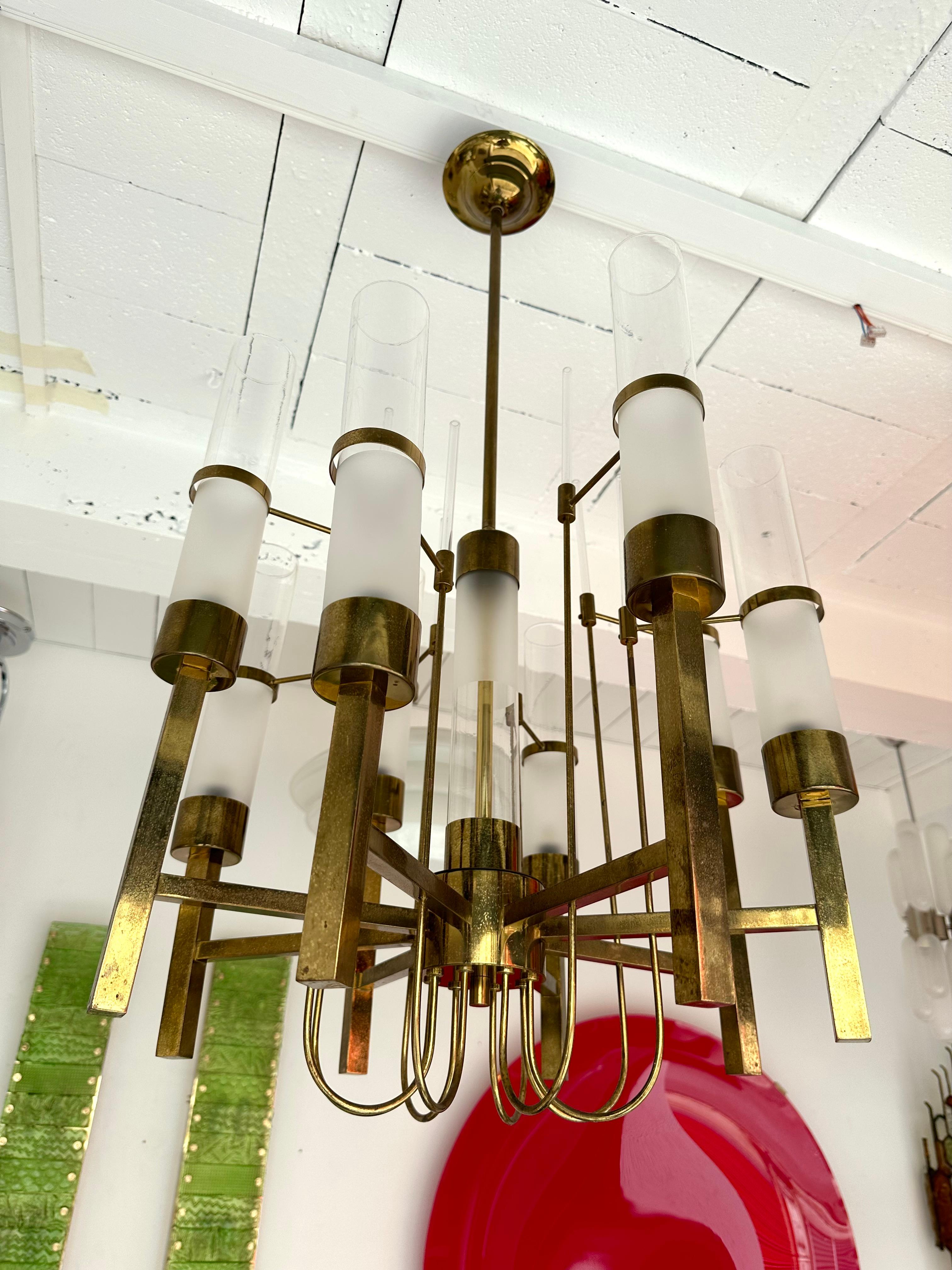 Brass and Glass Tube Chandelier by Sciolari, Italy, 1960s 2