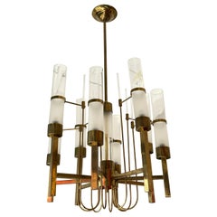 Lustre à tubes en laiton et verre de Sciolari, Italie, années 1960