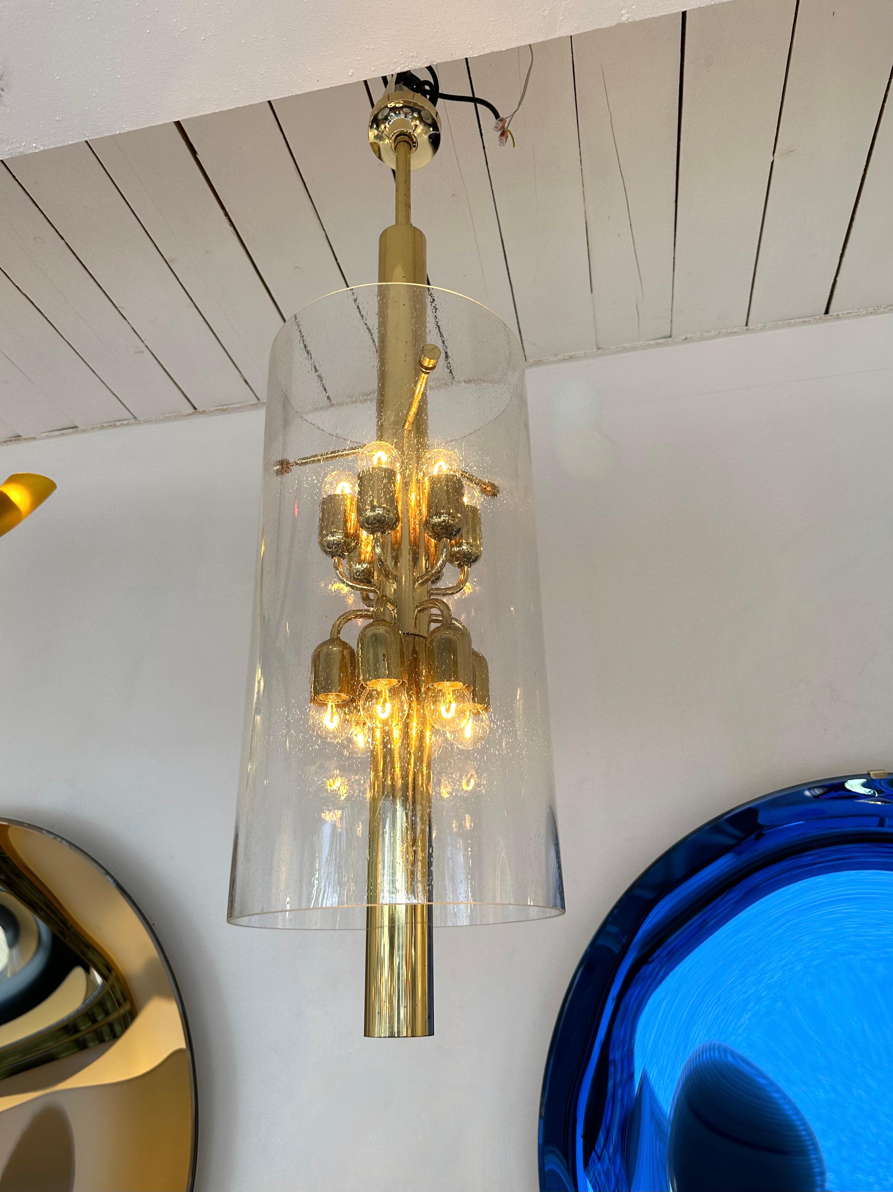Italian Brass and Glass Tube Chandelier. Italy, 1970s For Sale