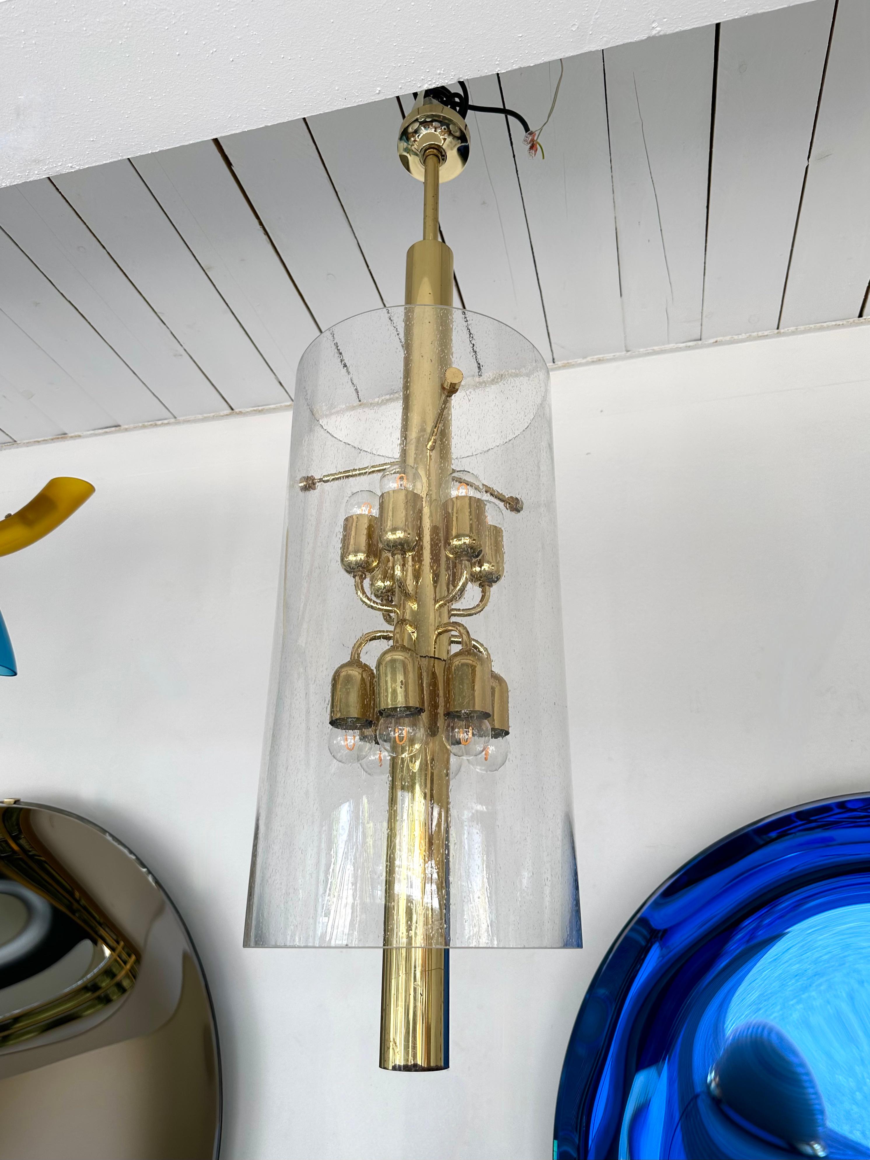 Late 20th Century Brass and Glass Tube Chandelier. Italy, 1970s For Sale