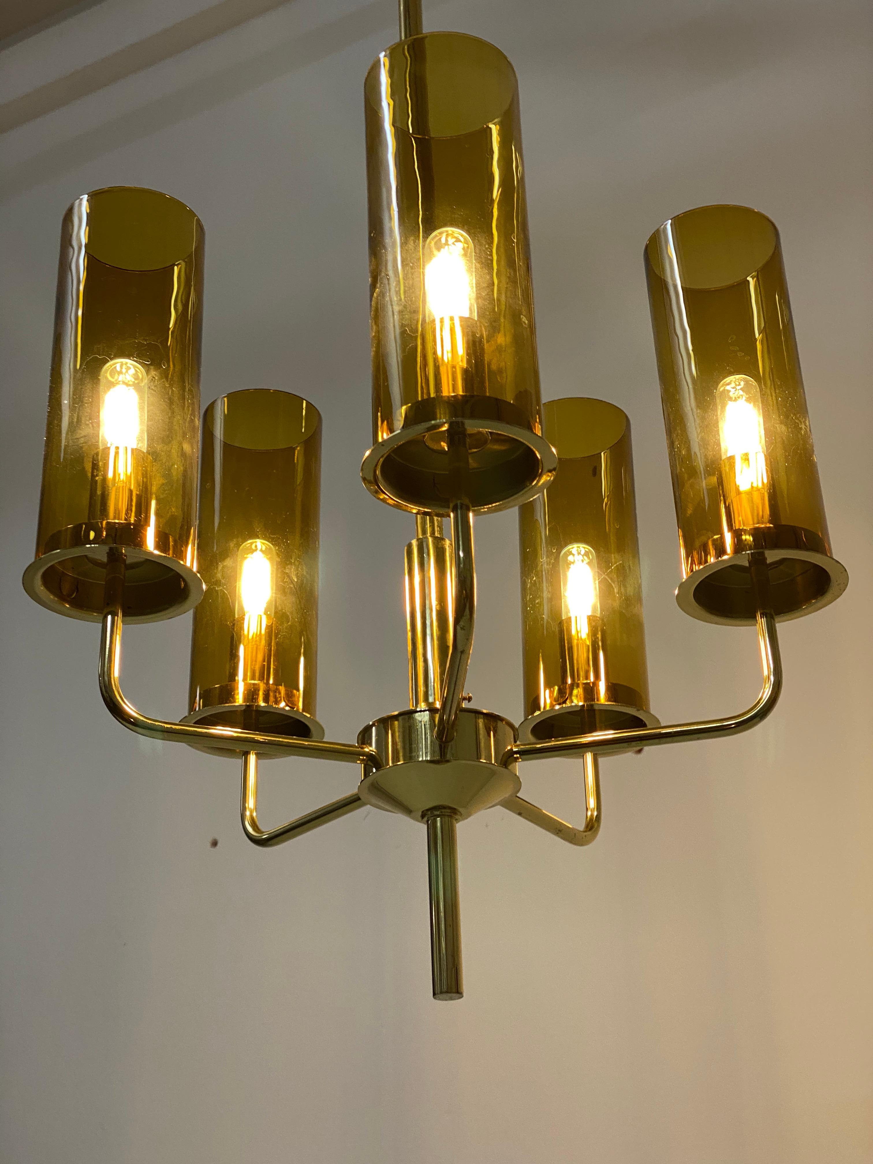 Brass and Glass Tube Chandelier T434 5 Sonata by Hans-Agne Jakobsson For Sale 6