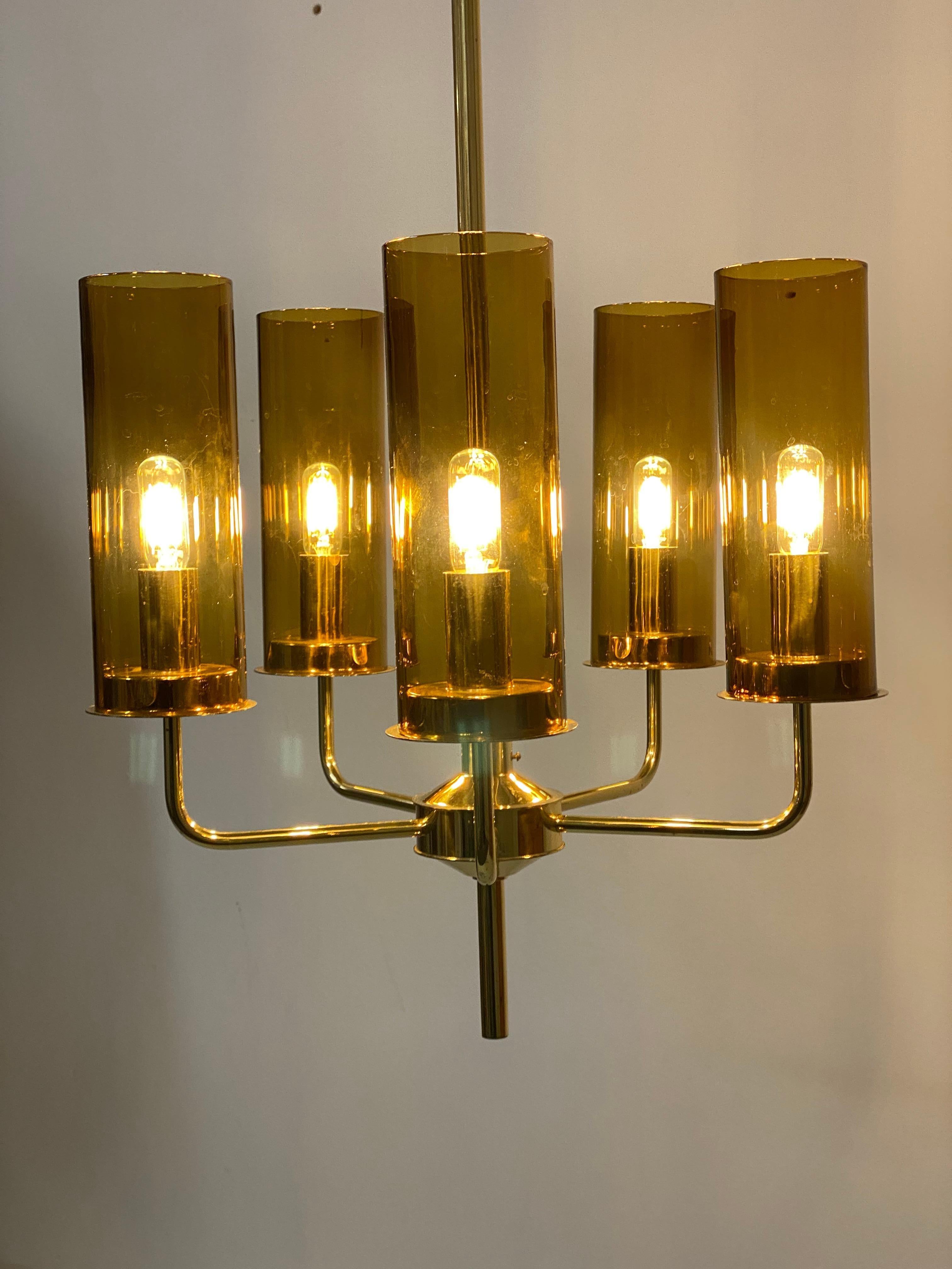 Brass and Glass Tube Chandelier T434 5 Sonata by Hans-Agne Jakobsson For Sale 8