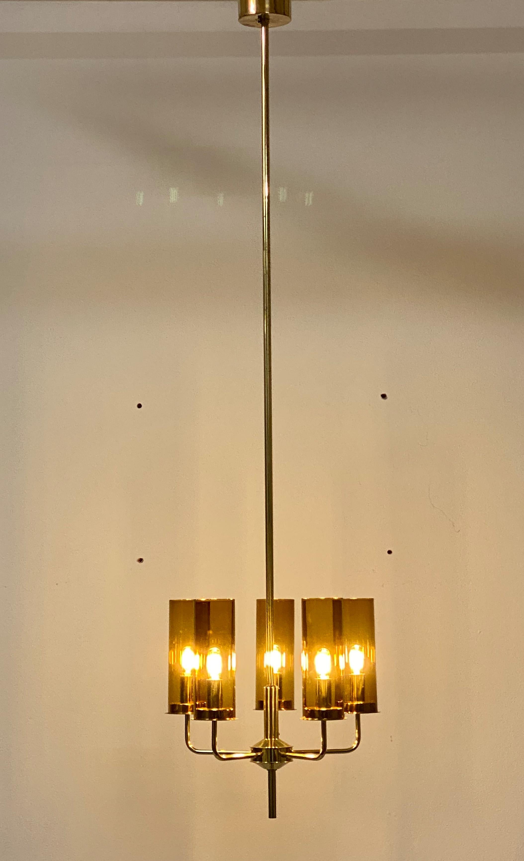 Brass and Glass Tube Chandelier T434 5 Sonata by Hans-Agne Jakobsson For Sale 9