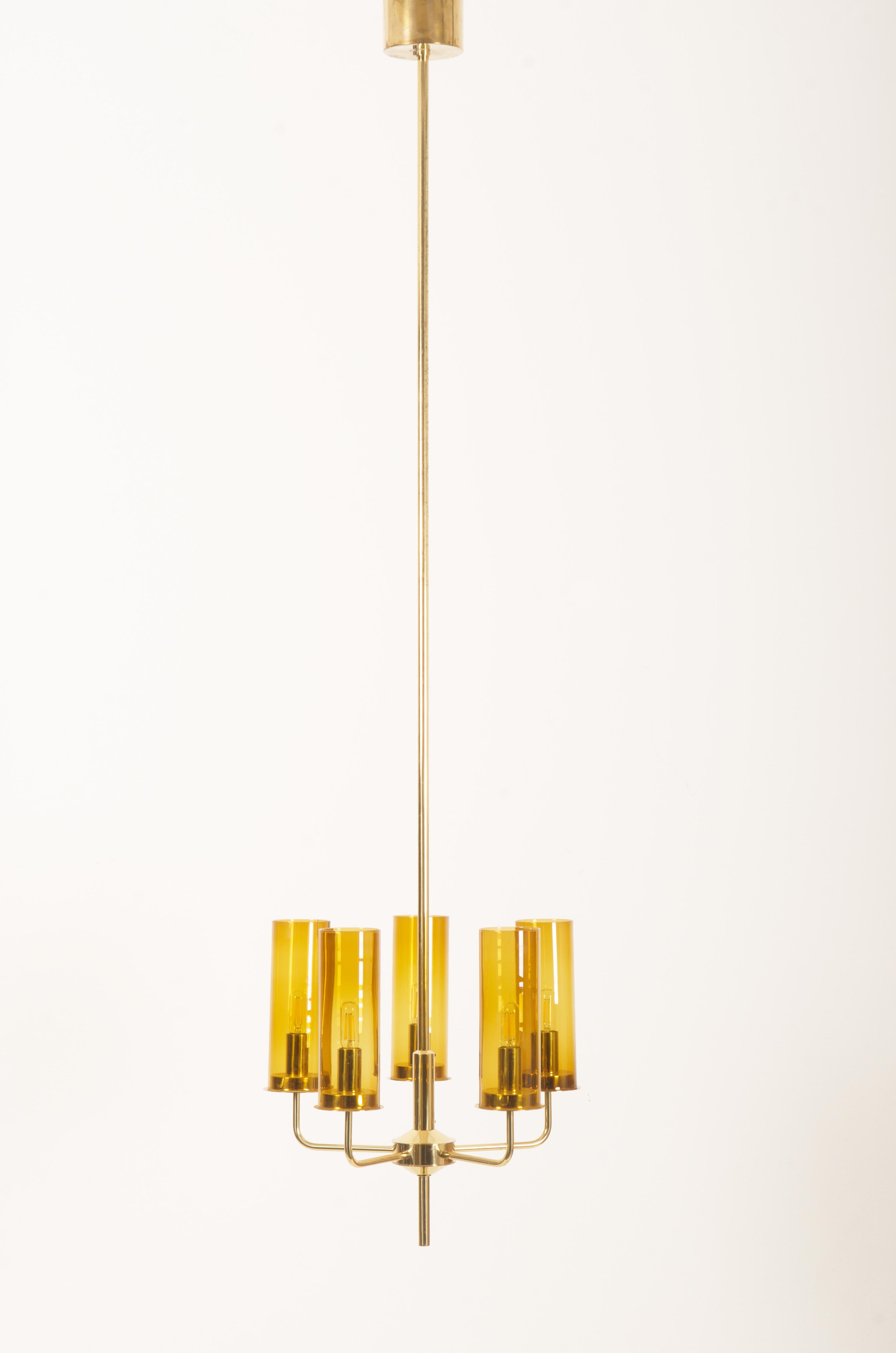 Brass and Glass Tube Chandelier T434 5 Sonata by Hans-Agne Jakobsson In Good Condition For Sale In Vienna, AT